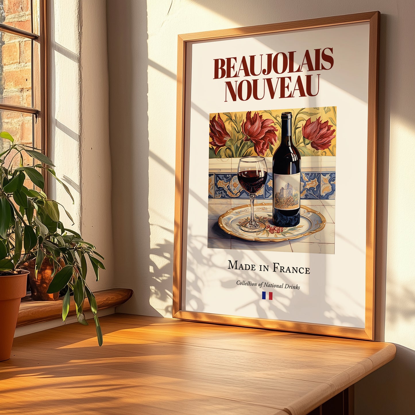 Beaujolais Nouveau – French Red Wine, Tasting Room Print, no-text version framed in wood