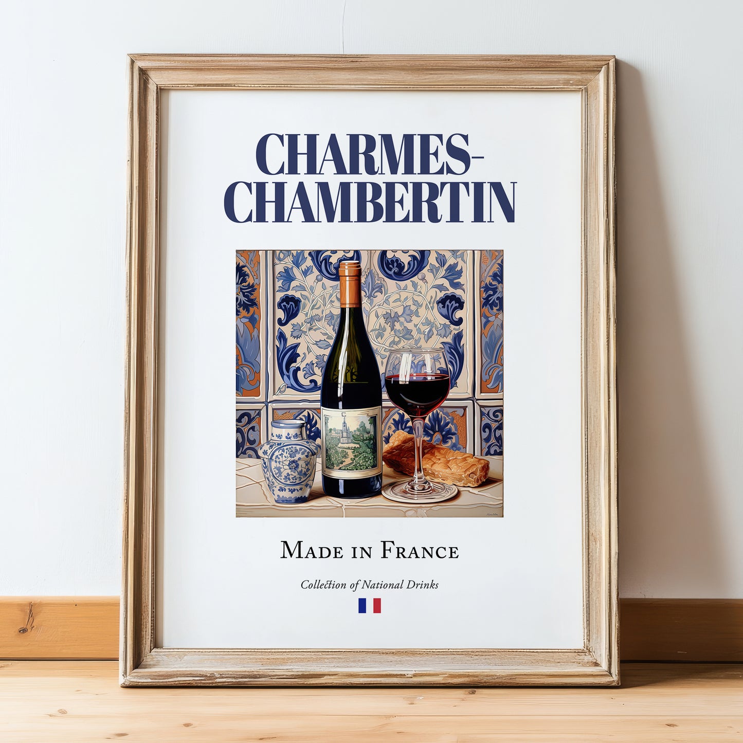 Charmes-Chambertin – French Red Wine, Wine Bar Art, in wooden frame leaning on the floor