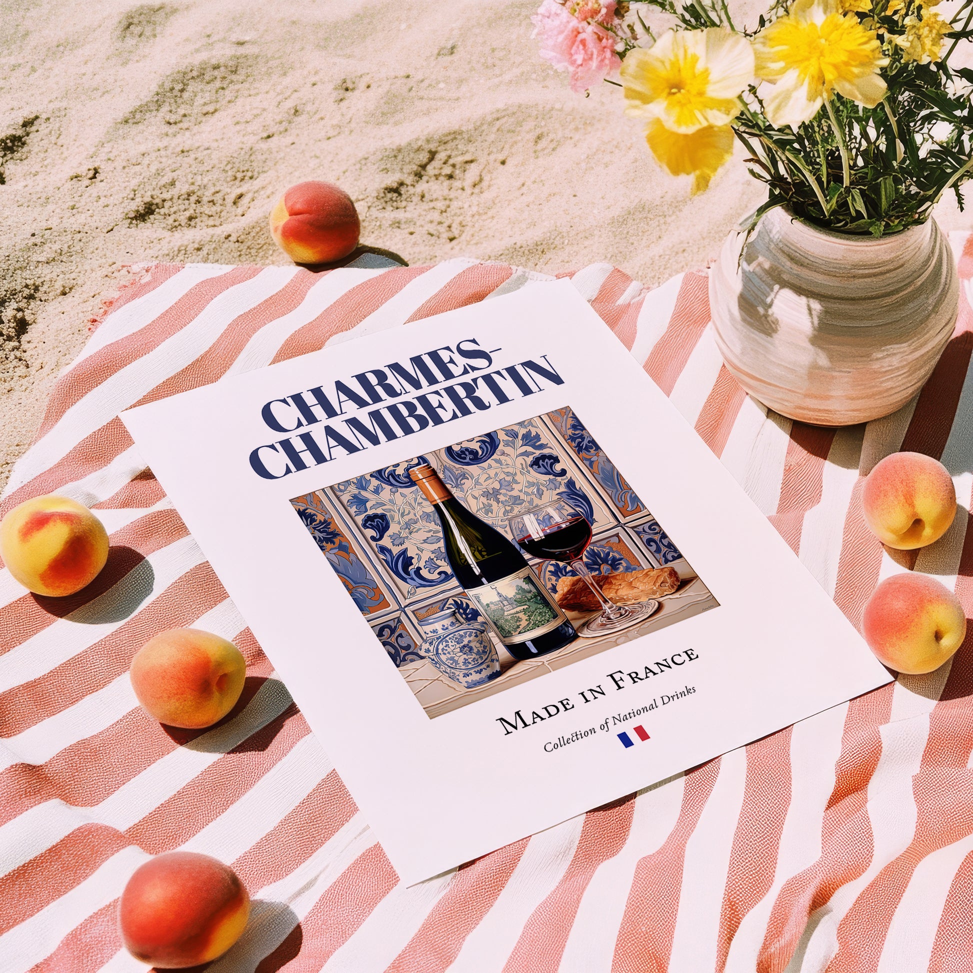 Charmes-Chambertin – French Red Wine, Wine Bar Art, unframed on coastal sand