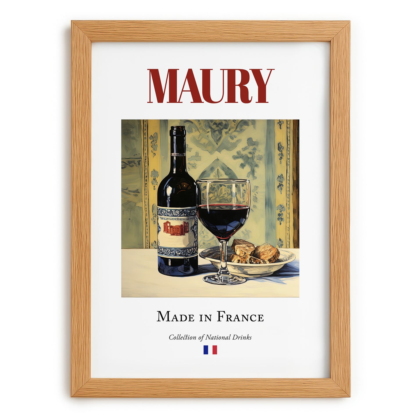 Maury – French Dessert Wine, Wine Bar Print, set in oak frame