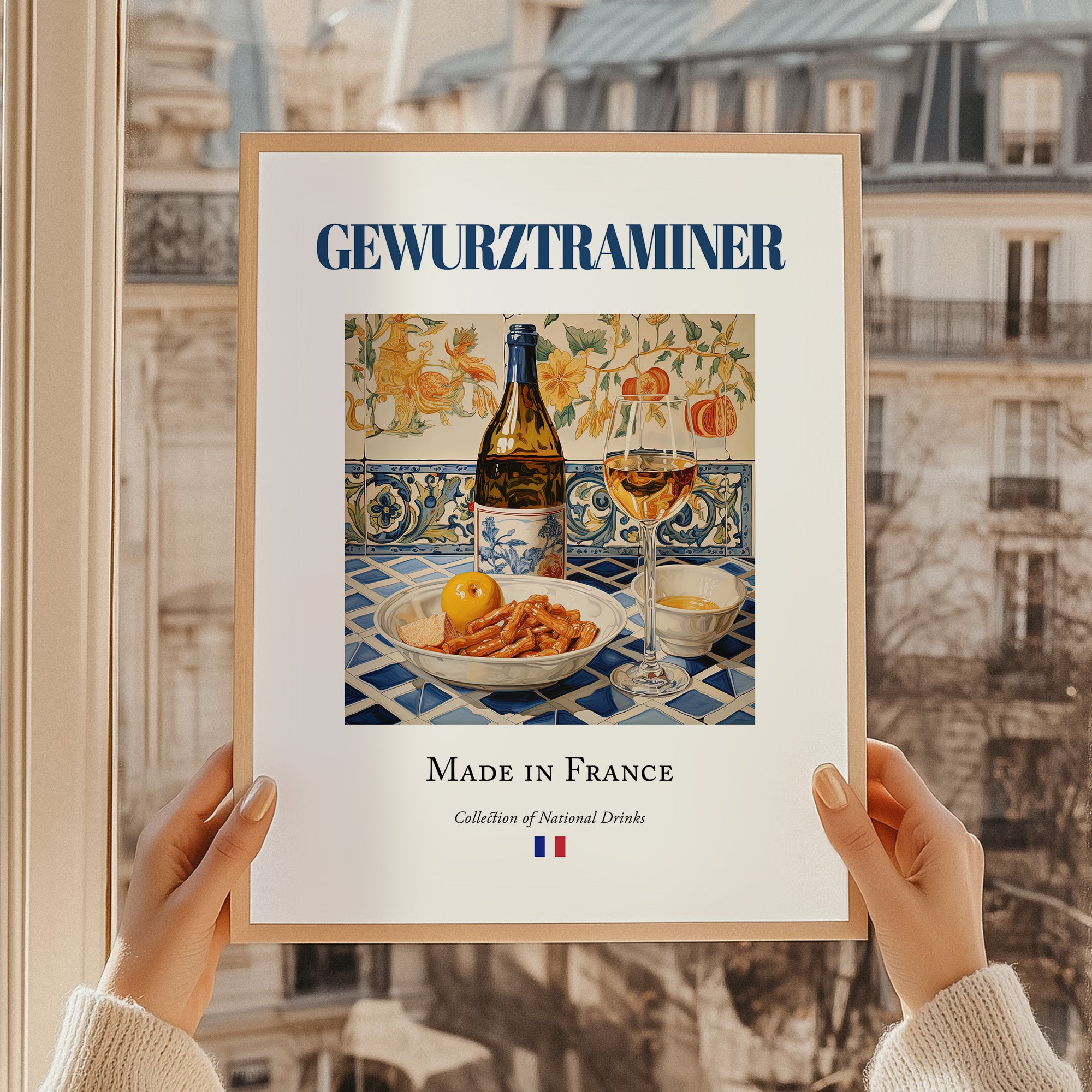 Gewurztraminer – French White Wine, Wine Bar Wall Art, styled in a charming Paris street view