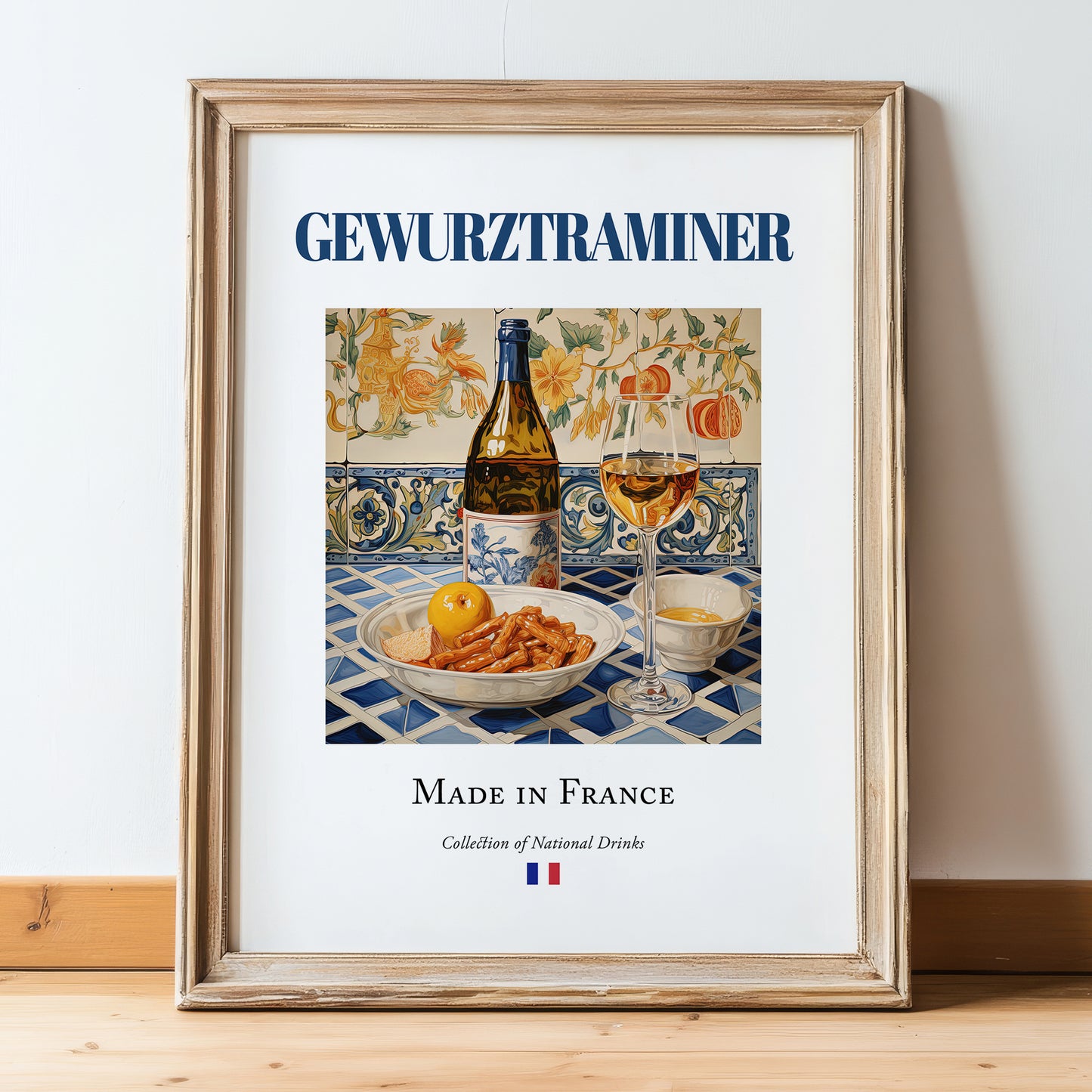 Gewurztraminer – French White Wine, Wine Bar Wall Art, in wooden frame leaning on the floor