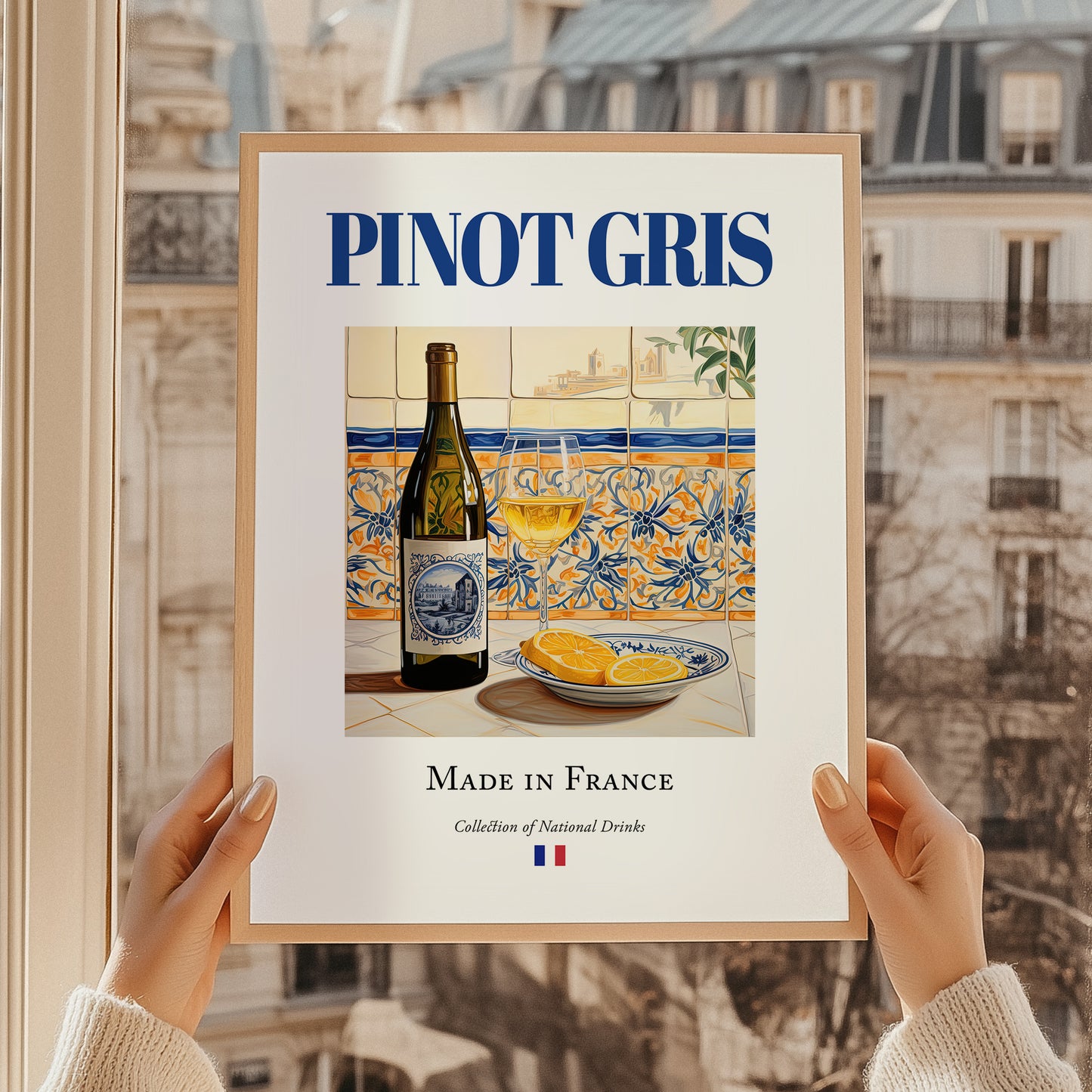 Pinot Gris – French White Wine, Tasting Room Still Life, styled in a charming Paris street view