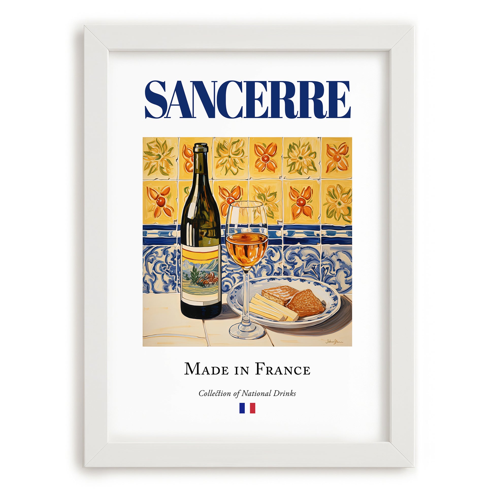 Sancerre – French White Wine, Wine Bar Still Life, placed in minimal white frame