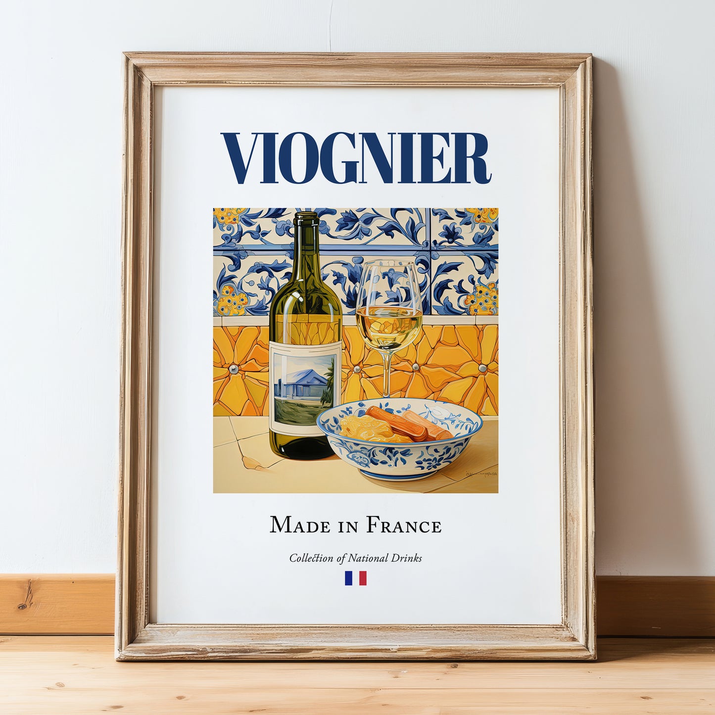 Viognier – French White Wine, Wine Bar Poster, in wooden frame leaning on the floor