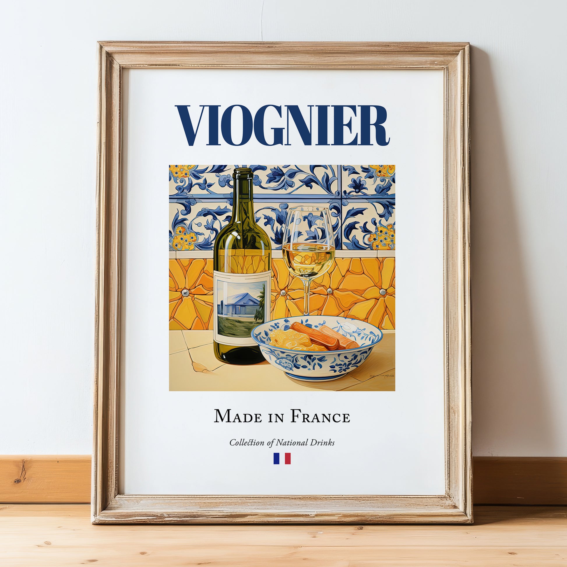 Viognier – French White Wine, Wine Bar Poster, in wooden frame leaning on the floor