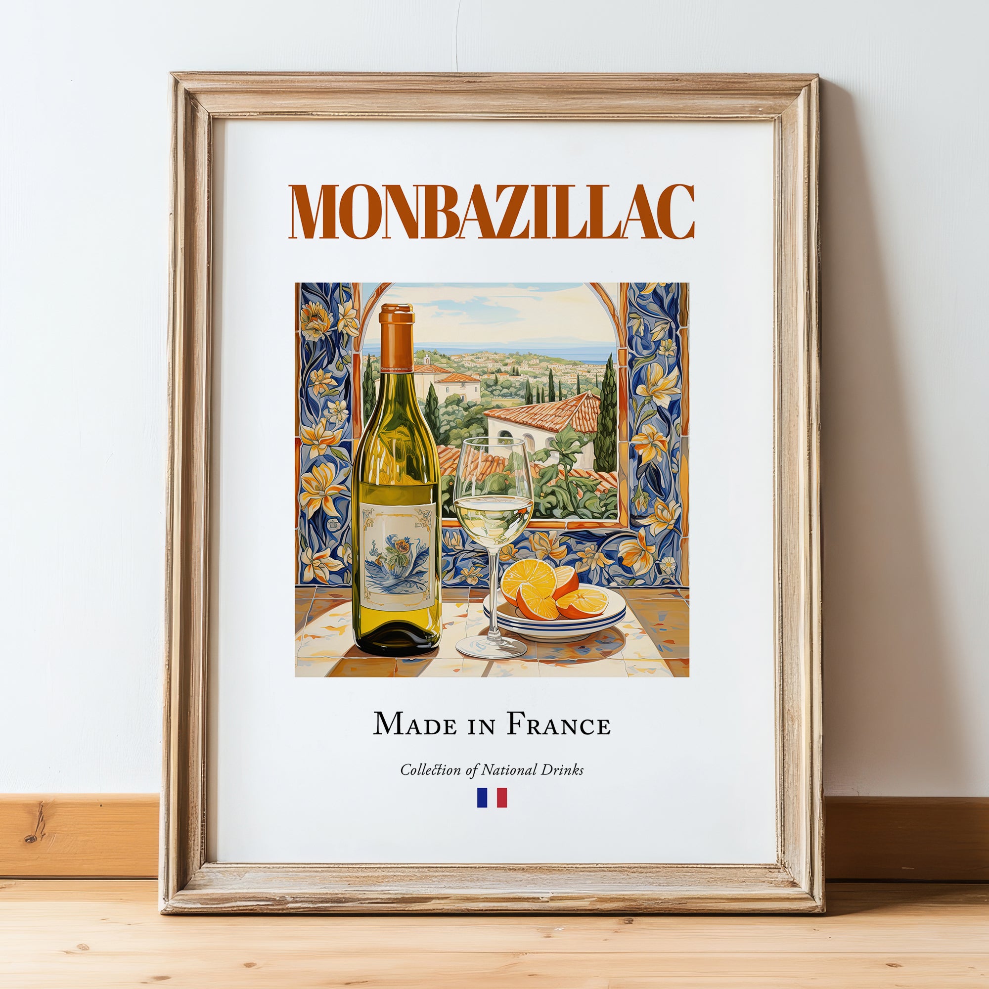 Monbazillac – French Dessert Wine, Wine Bar Wall Art, in wooden frame leaning on the floor