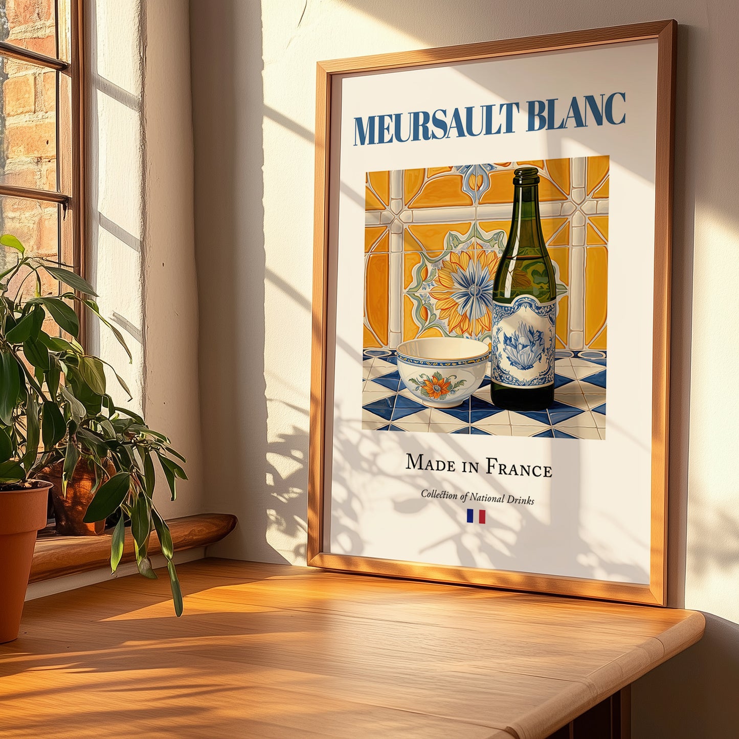 Meursault blanc – French White Wine, Vinoteca Wall Decor, no-text version framed in wood