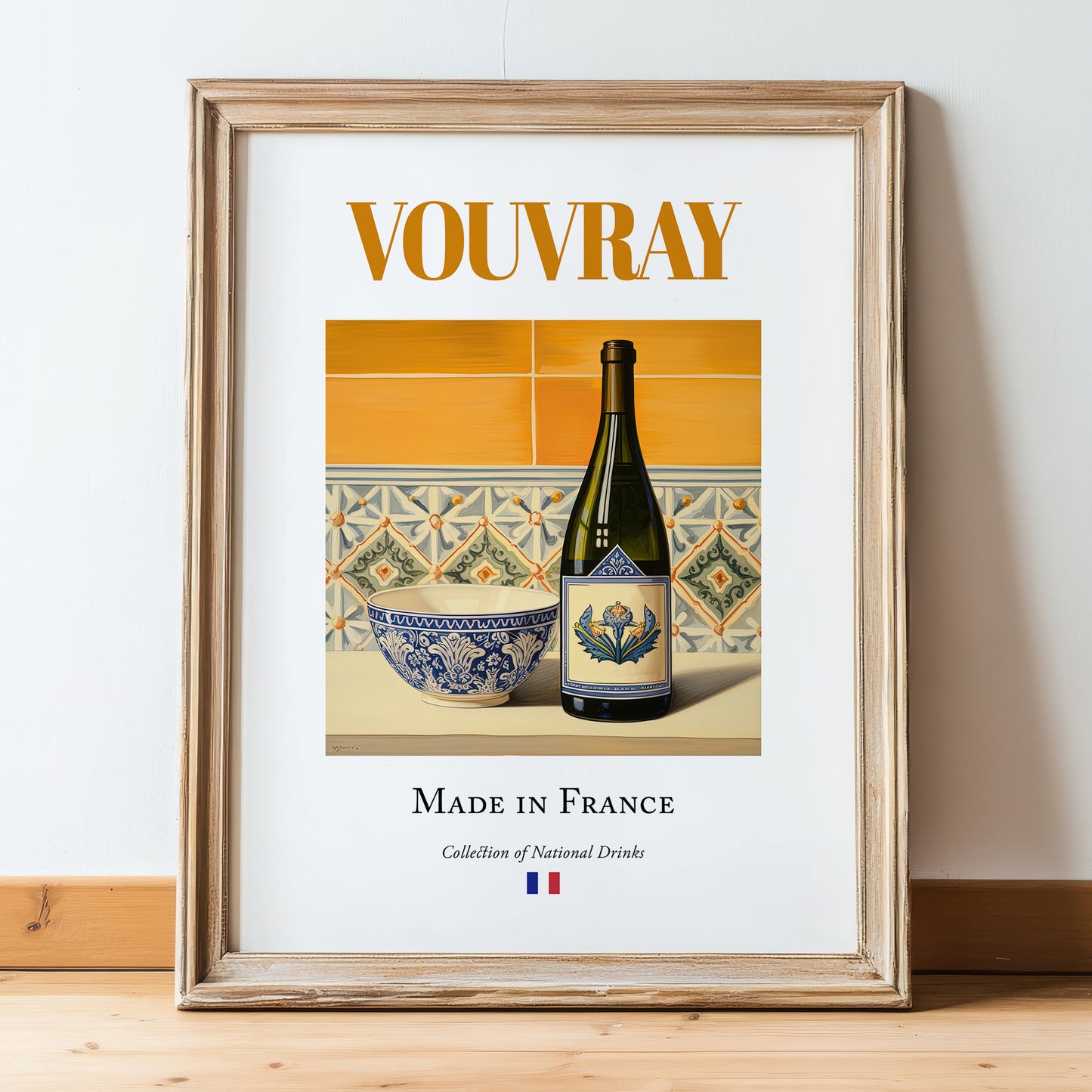 Vouvray – French White Wine, Wine Bar Wall Art, in wooden frame leaning on the floor