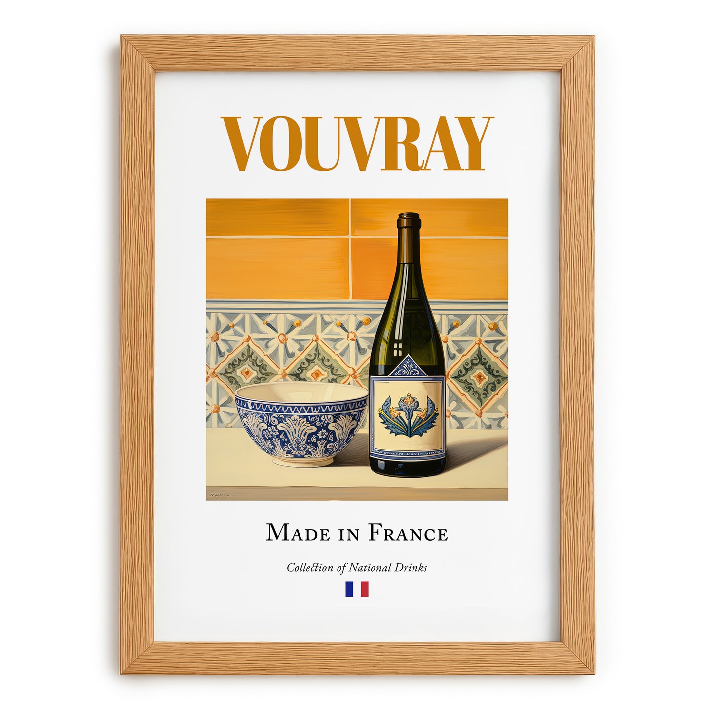 Vouvray – French White Wine, Wine Bar Wall Art, set in oak frame
