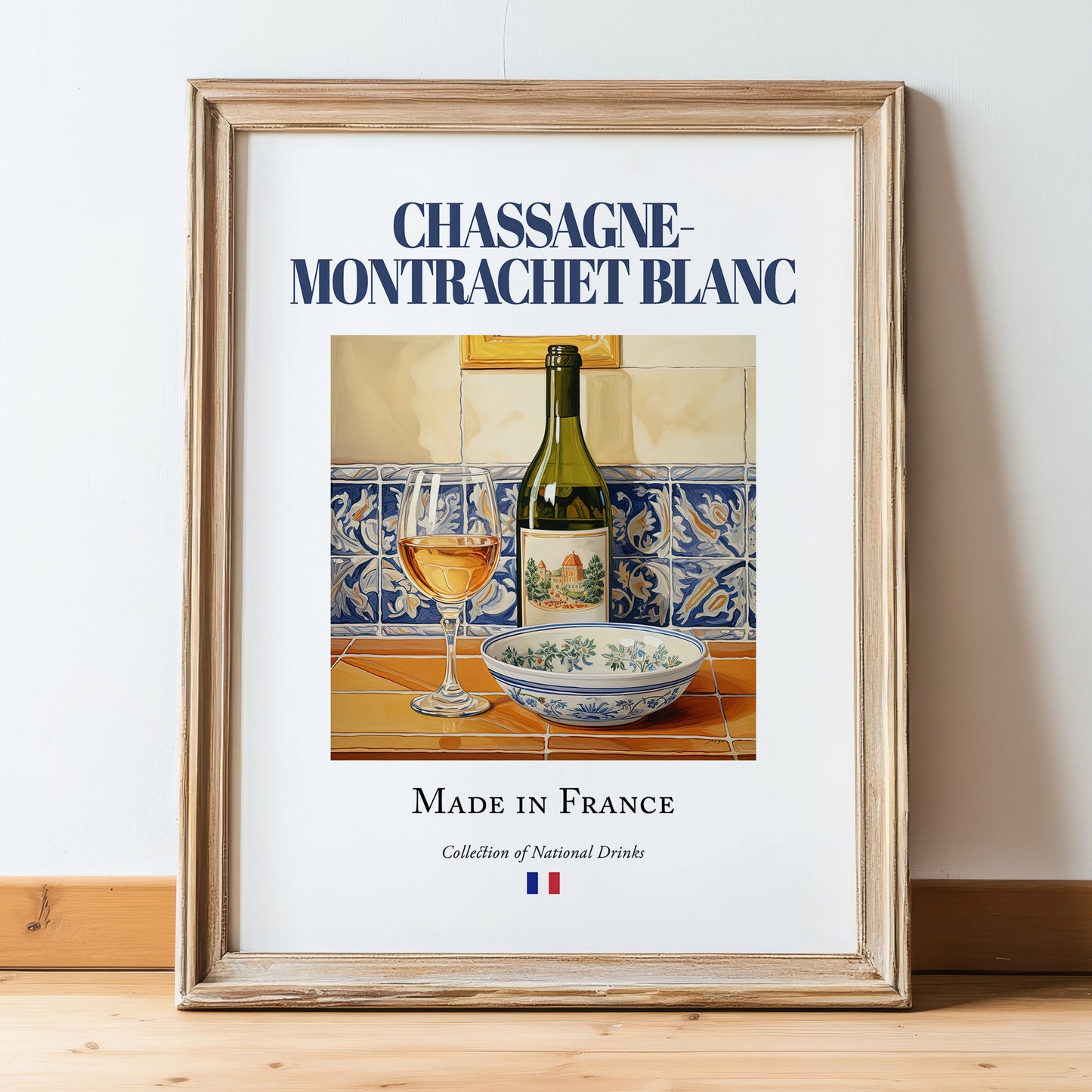 Chassagne-Montrachet blanc – French White Wine, Vinoteca Poster, in wooden frame leaning on the floor