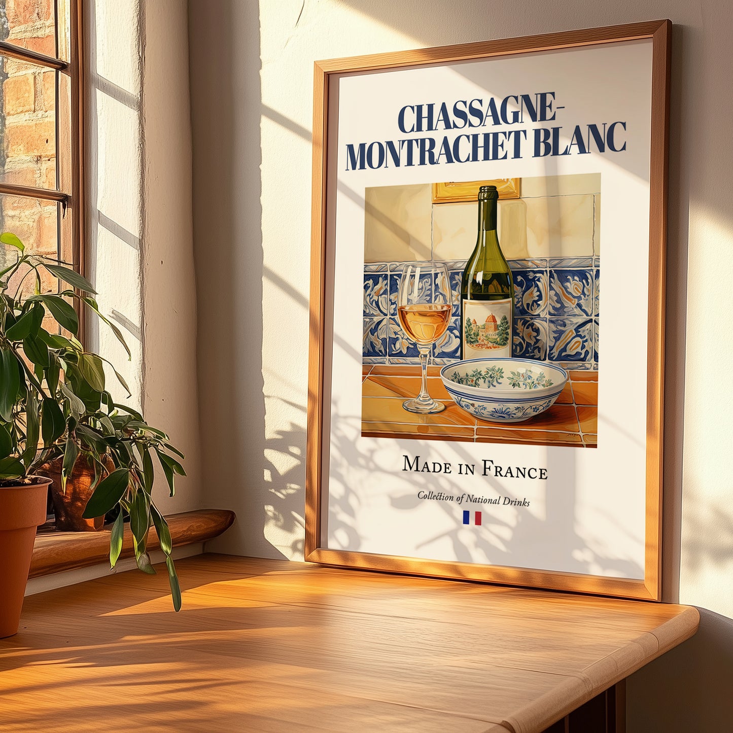 Chassagne-Montrachet blanc – French White Wine, Vinoteca Poster, no-text version framed in wood