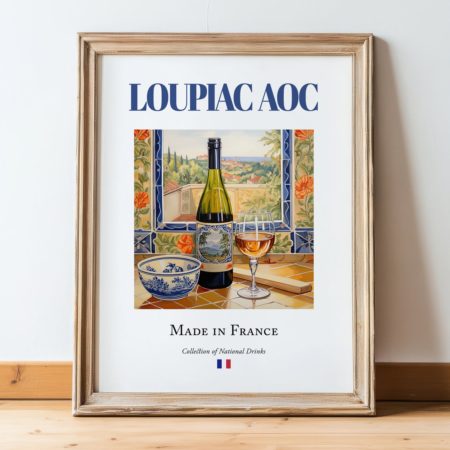 Loupiac AOC – French Dessert Wine, Vineyard Terrace Wall Decor, in wooden frame leaning on the floor