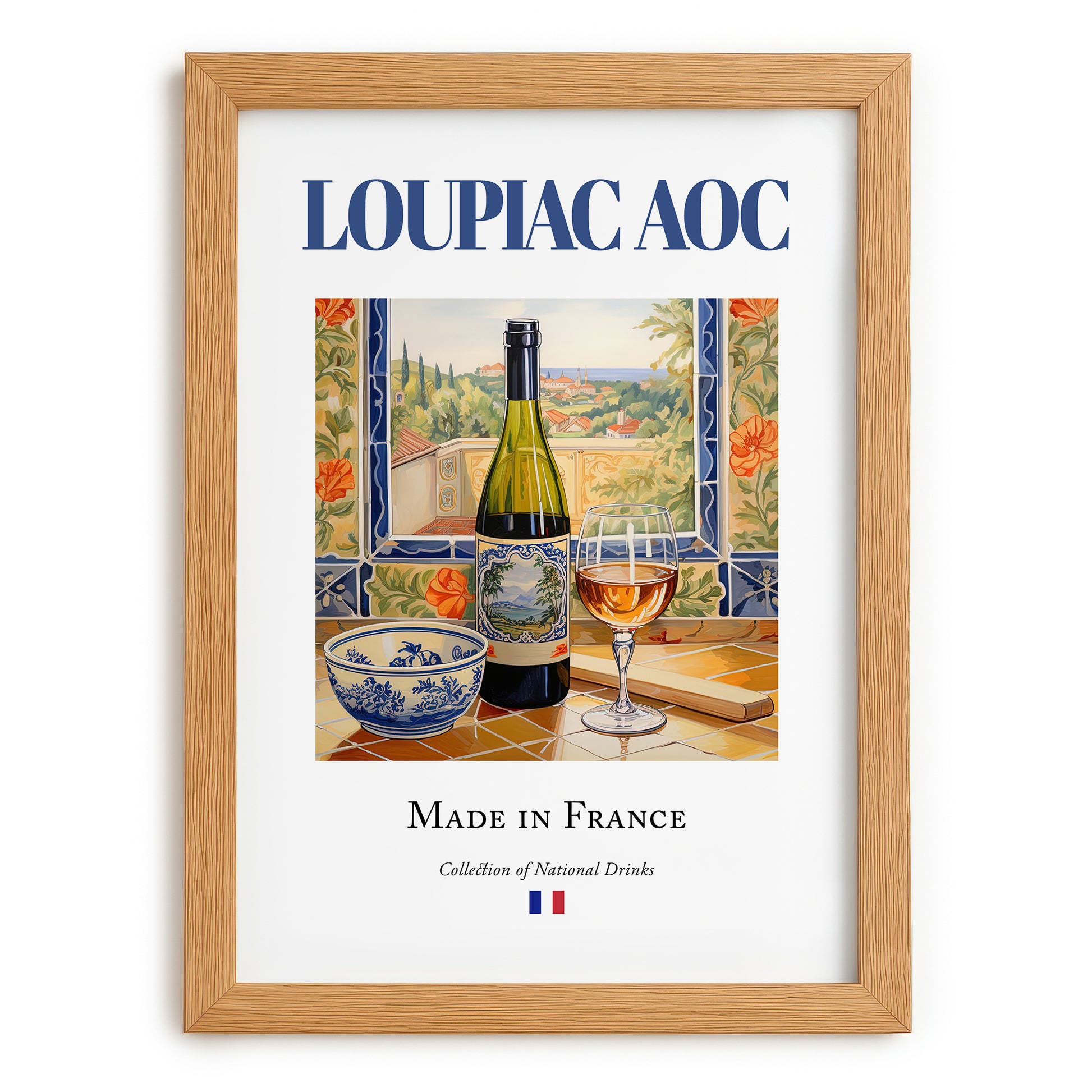 Loupiac AOC – French Dessert Wine, Vineyard Terrace Wall Decor, set in oak frame
