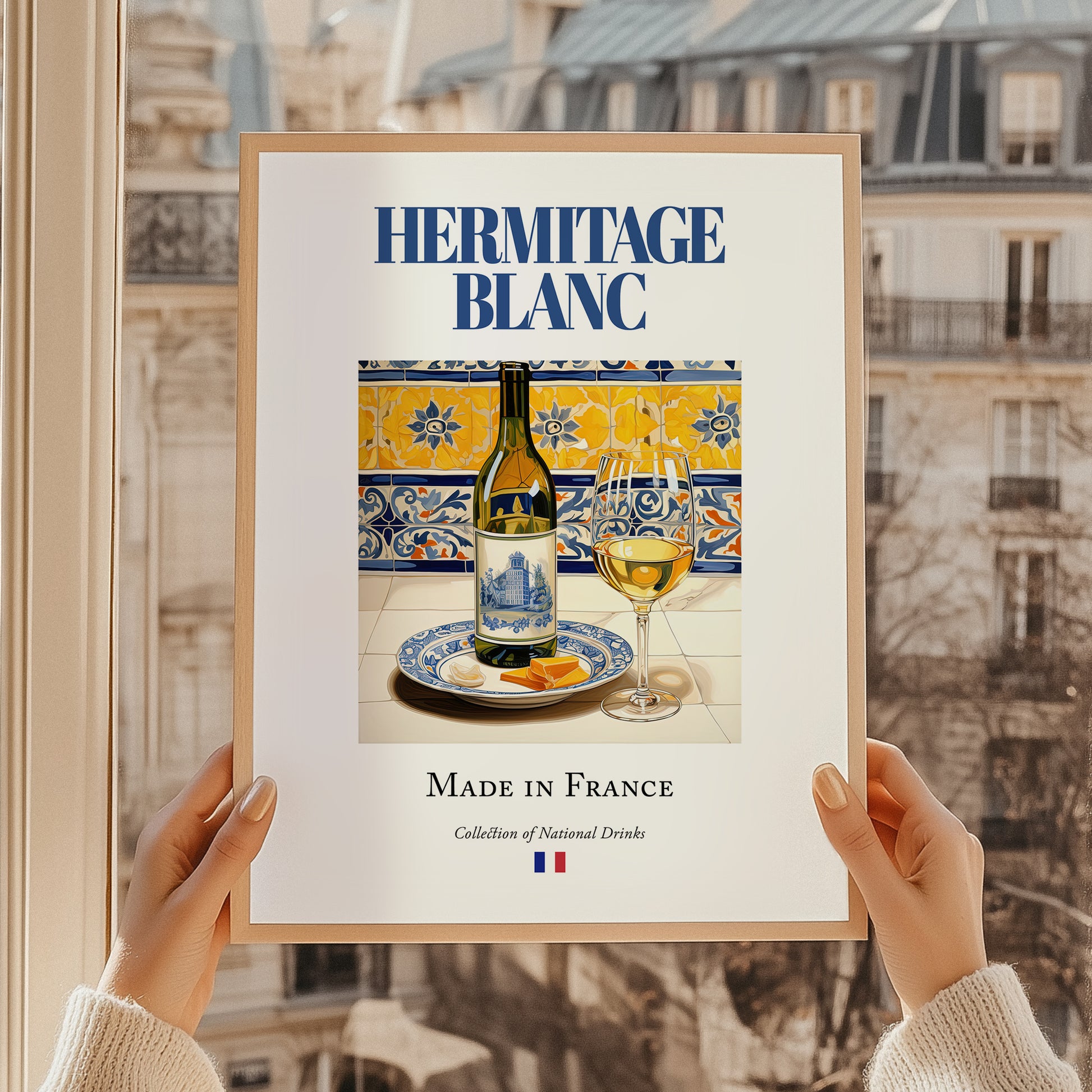 Hermitage blanc – French White Wine, Vineyard Terrace Wall Art, styled in a charming Paris street view