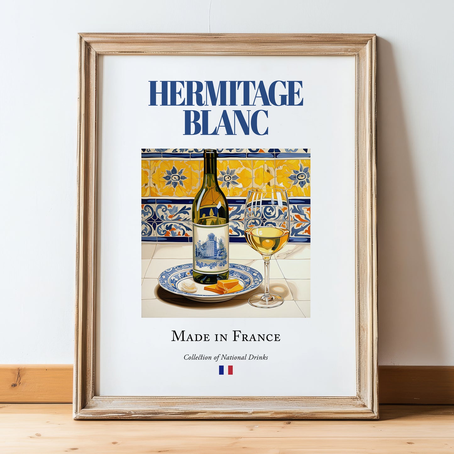 Hermitage blanc – French White Wine, Vineyard Terrace Wall Art, in wooden frame leaning on the floor