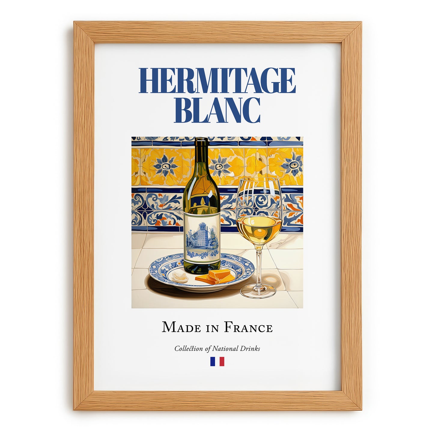 Hermitage blanc – French White Wine, Vineyard Terrace Wall Art, set in oak frame