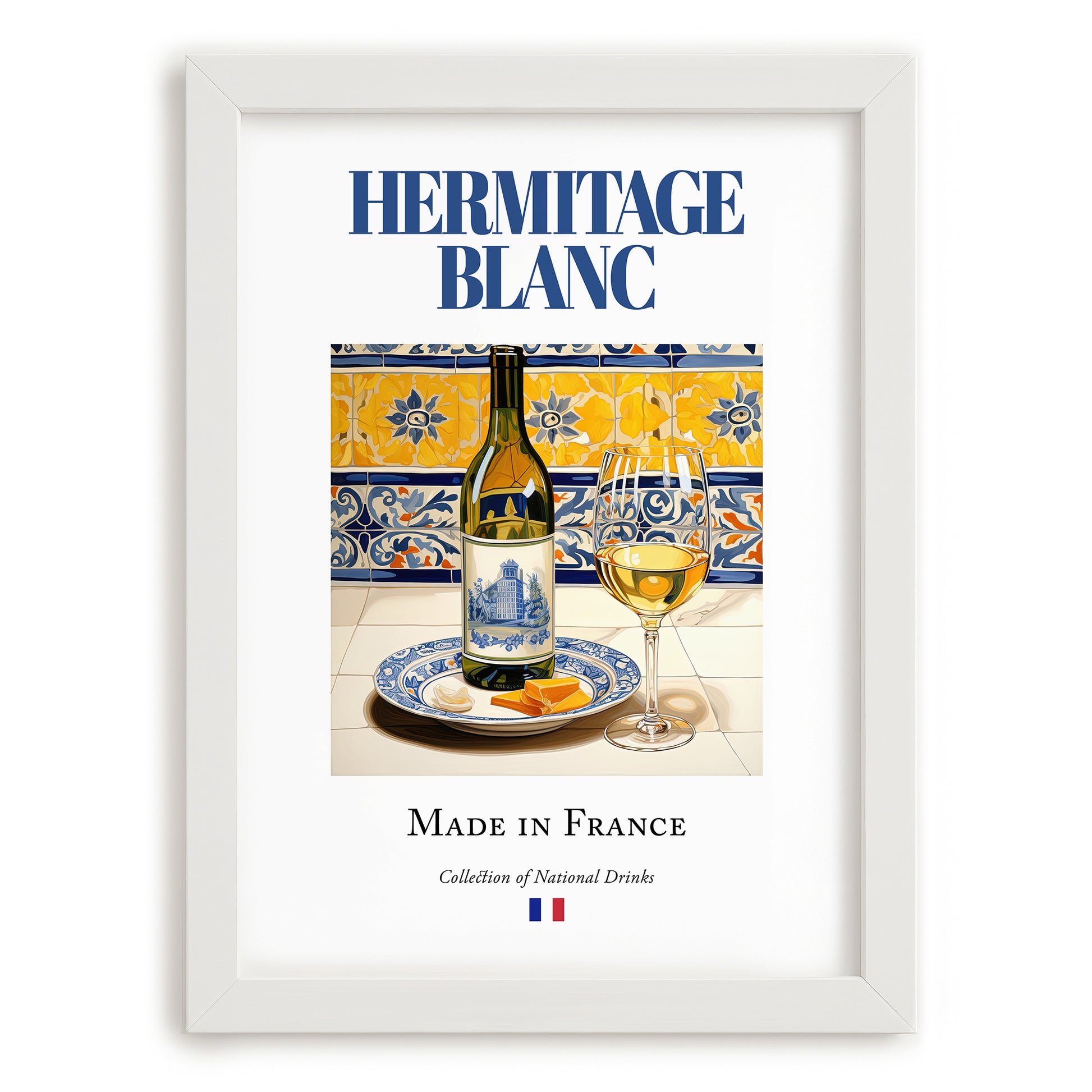 Hermitage blanc – French White Wine, Vineyard Terrace Wall Art, placed in minimal white frame