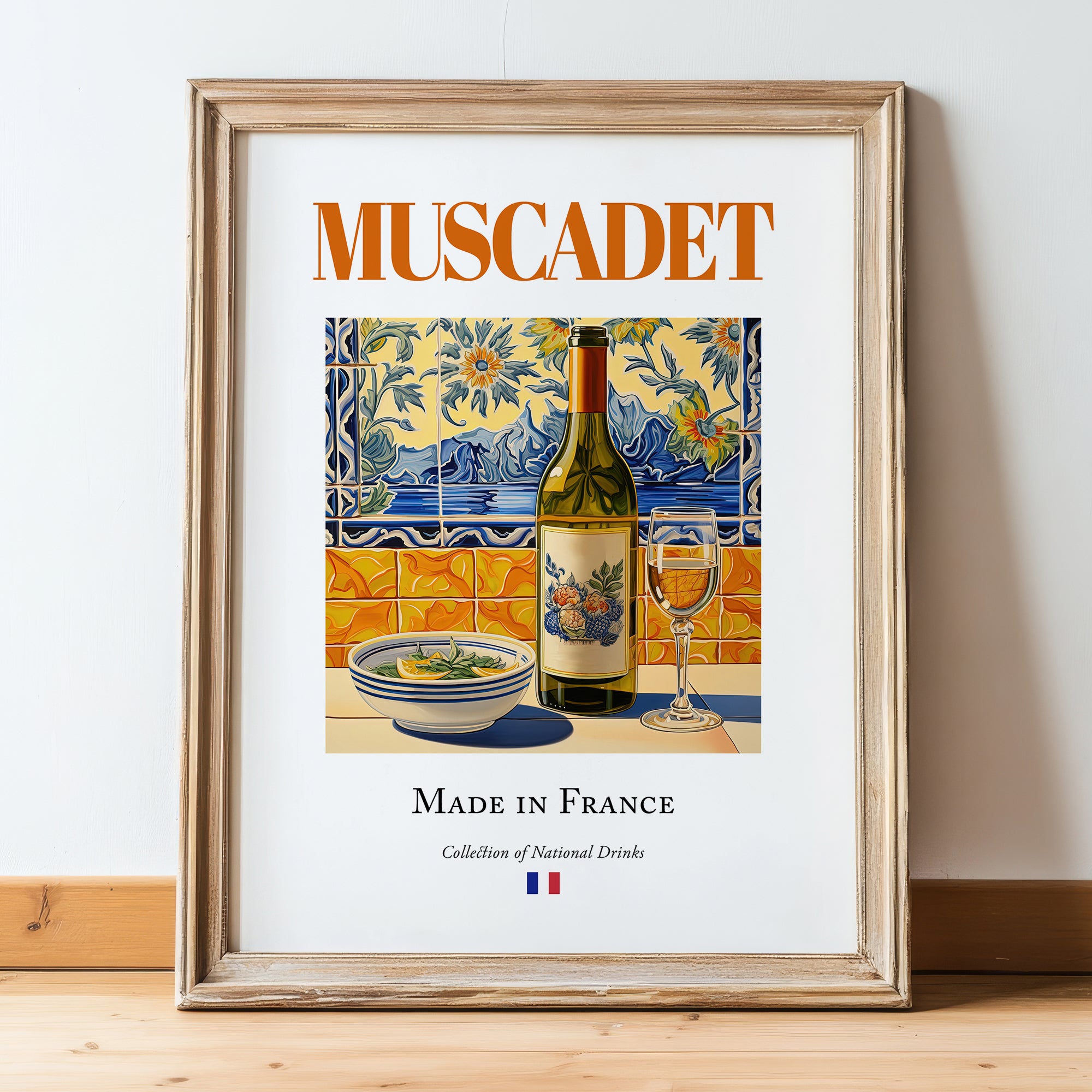 Muscadet – French White Wine, Vinoteca Print, in wooden frame leaning on the floor