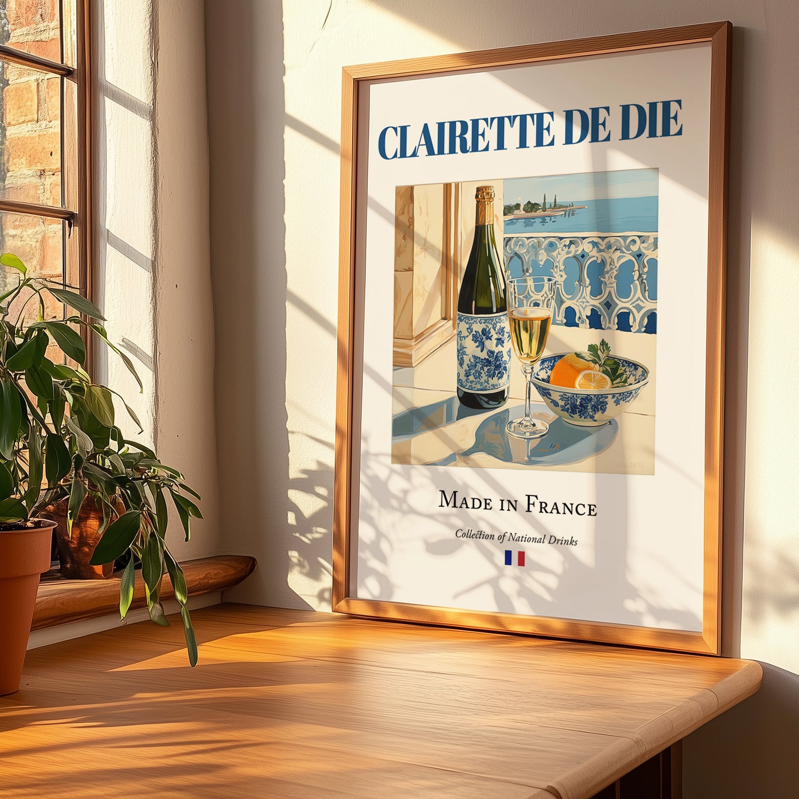 Clairette de Die – French Sparkling Wine, Vinoteca Poster, no-text version framed in wood