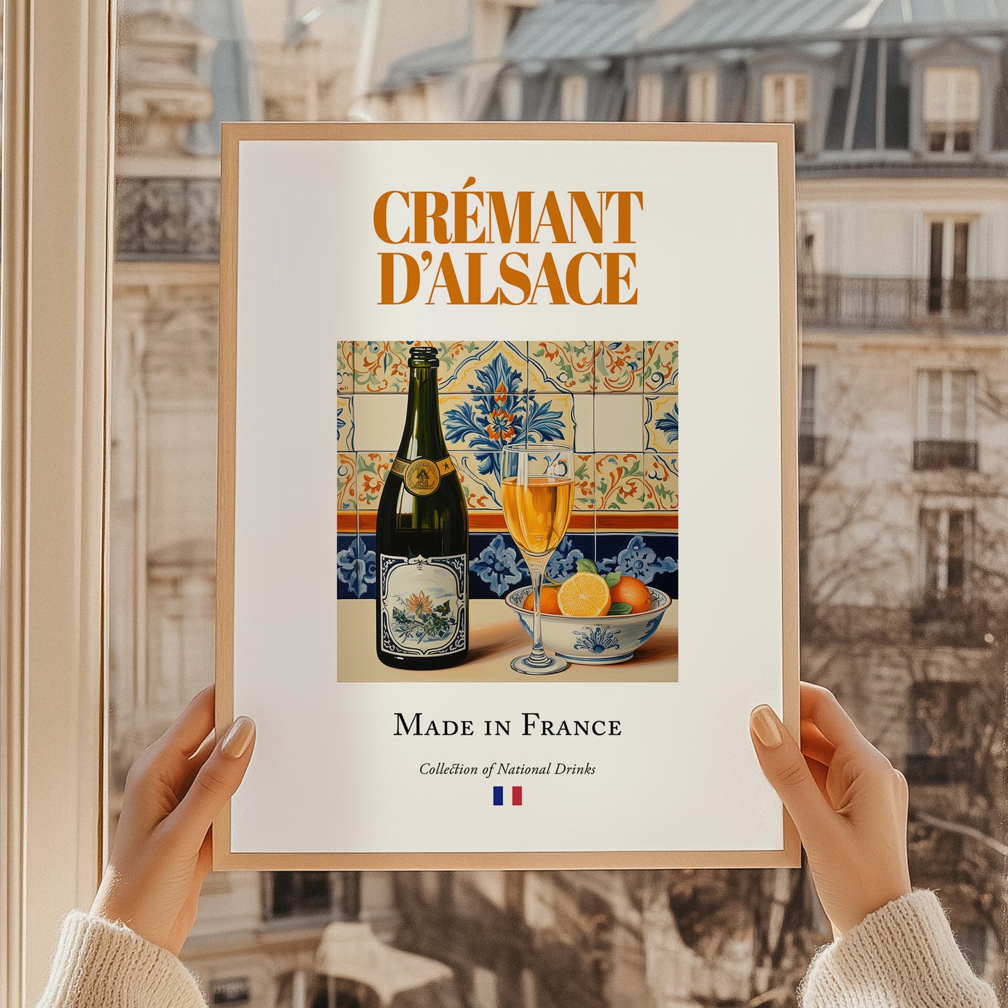 Crémant d'Alsace – French Sparkling Wine, Bodega Print, styled in a charming Paris street view