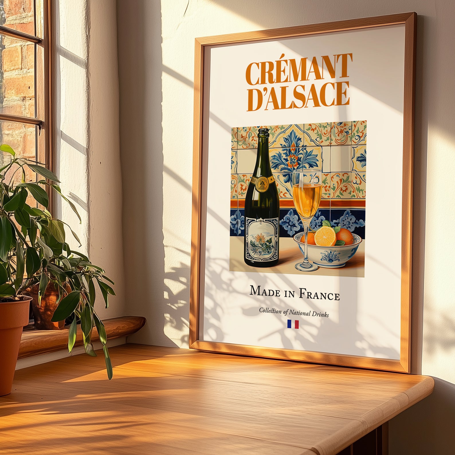 Crémant d'Alsace – French Sparkling Wine, Bodega Print, no-text version framed in wood