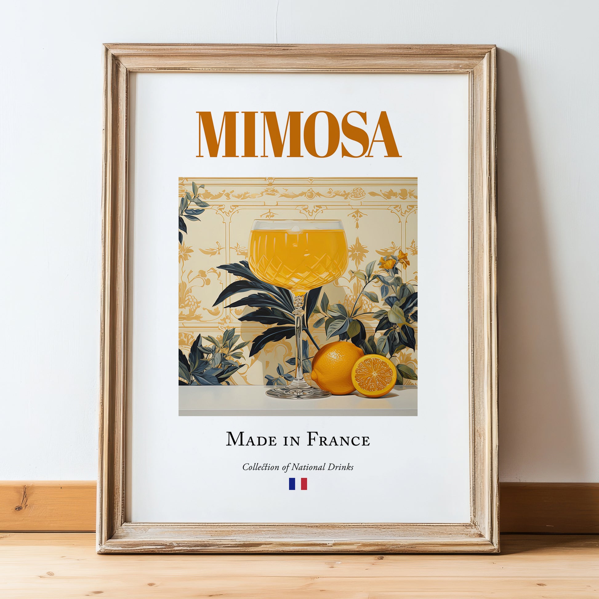 Mimosa – French Cocktail Drink, Beach Bar Art, in wooden frame leaning on the floor