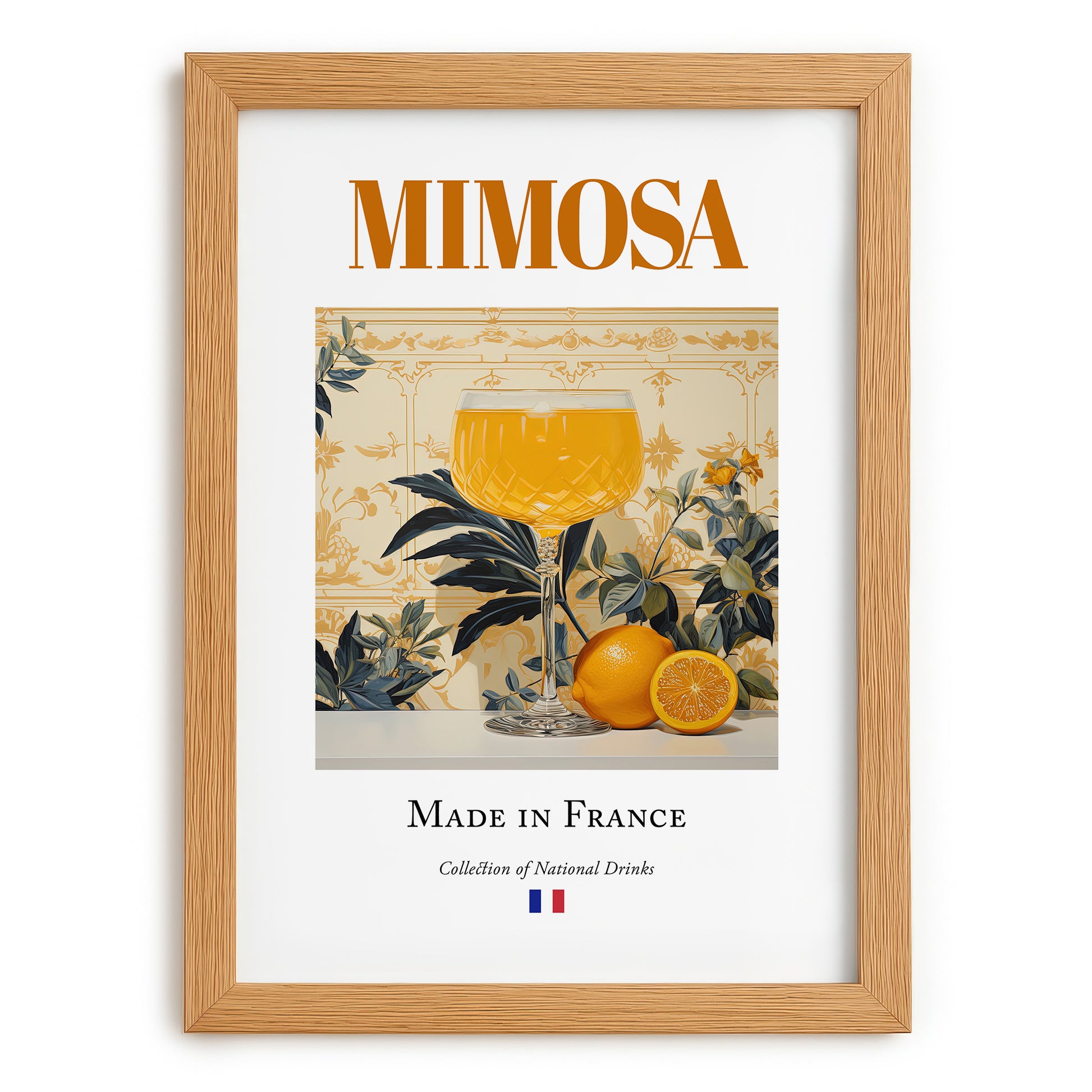 Mimosa – French Cocktail Drink, Beach Bar Art, set in oak frame
