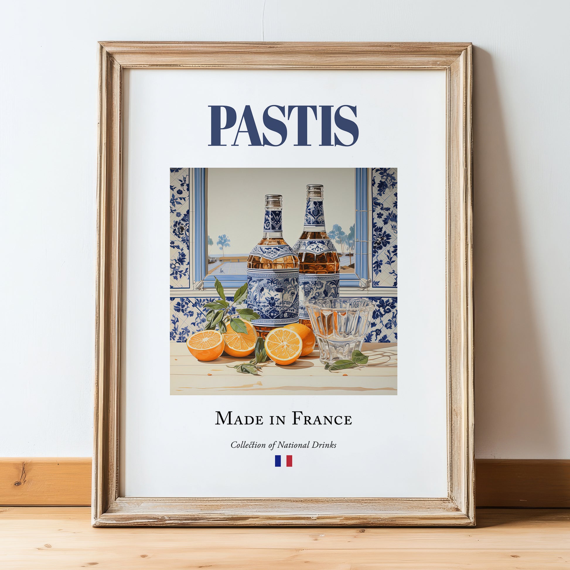 Pastis – French Spirit Drink, Rooftop Terrace Poster, in wooden frame leaning on the floor