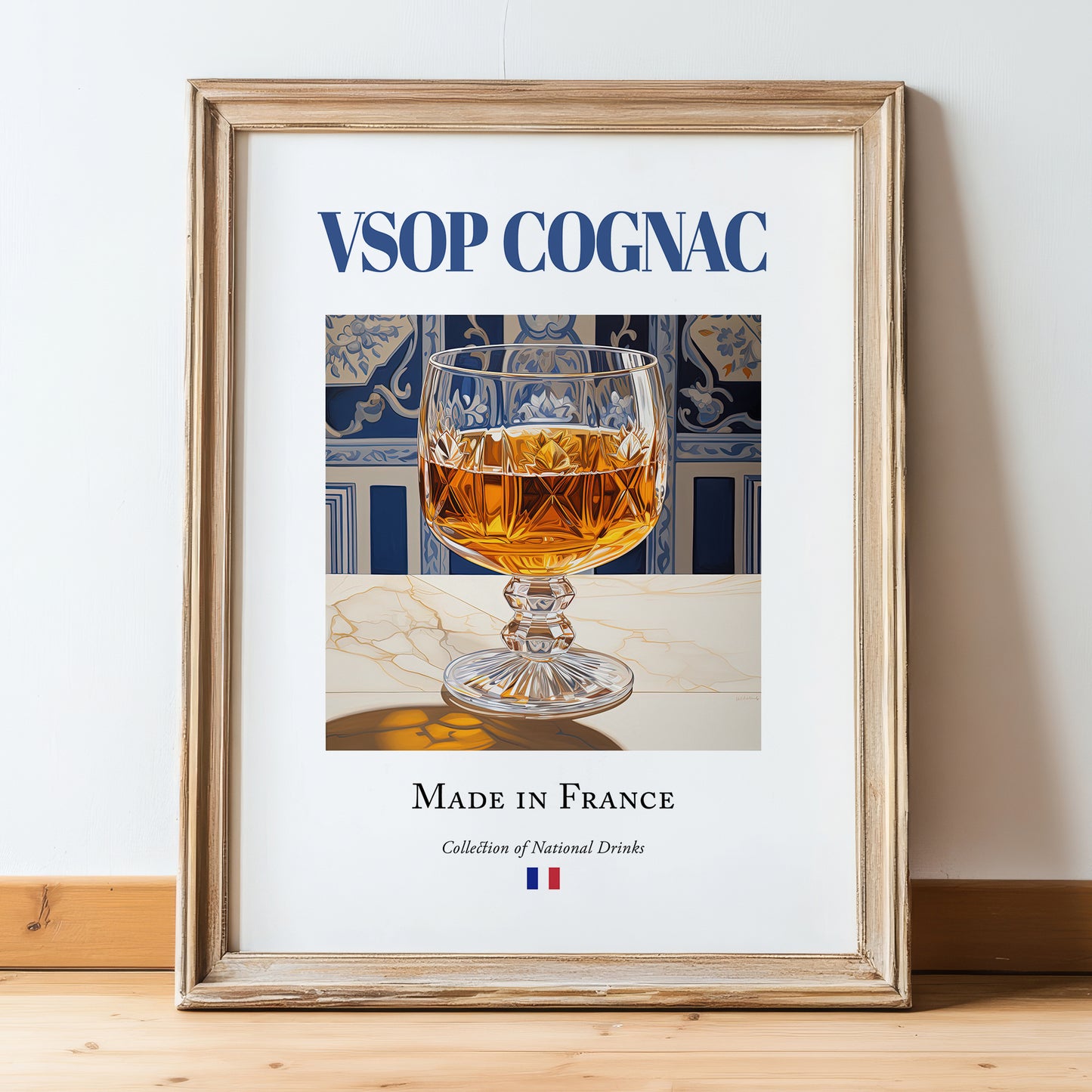 VSOP Cognac – French Spirit Drink, Speakeasy Wall Art, in wooden frame leaning on the floor