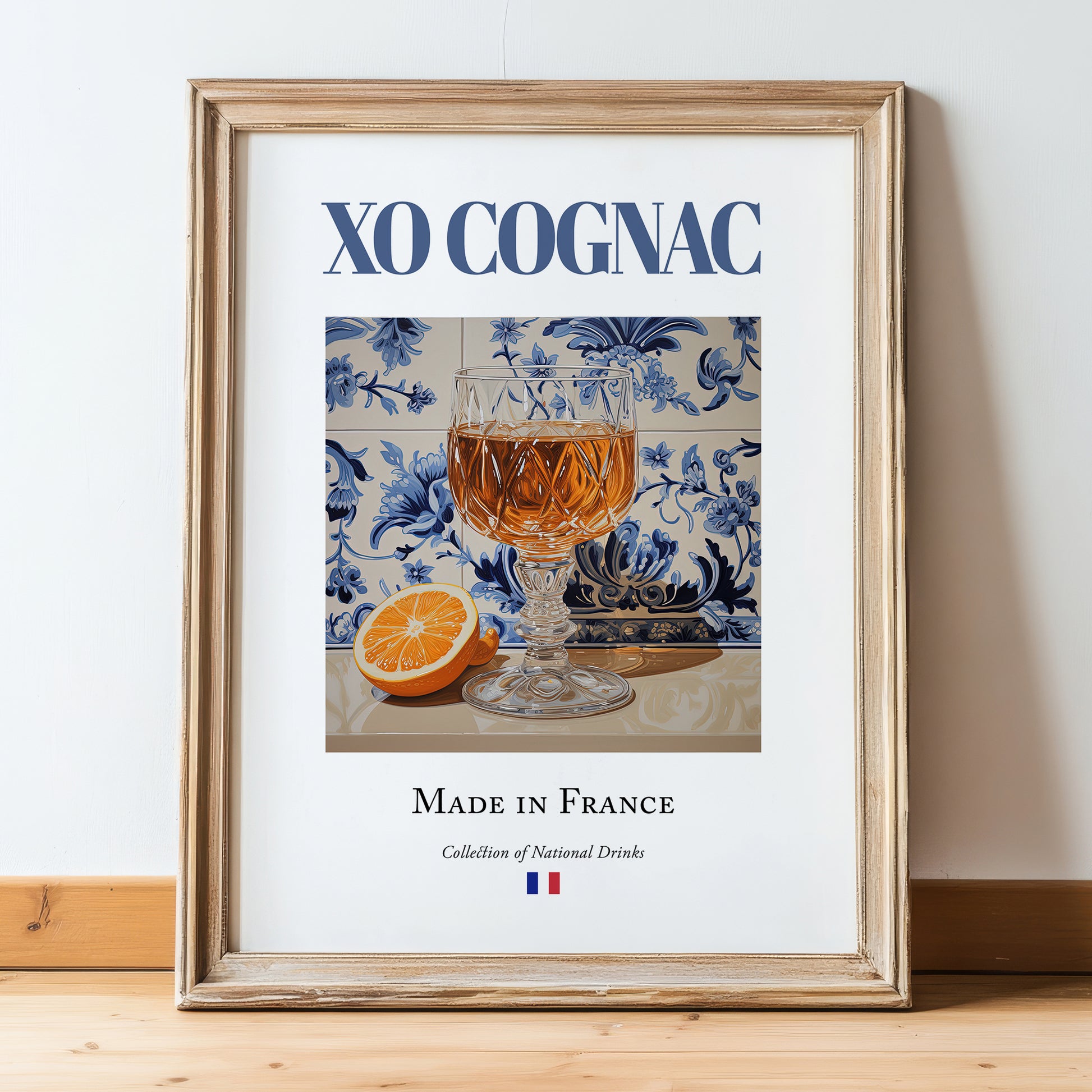 XO Cognac – French Spirit Drink, Beach Bar Poster, in wooden frame leaning on the floor