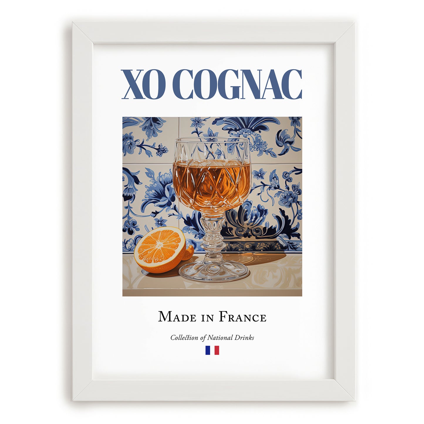 XO Cognac – French Spirit Drink, Beach Bar Poster, placed in minimal white frame