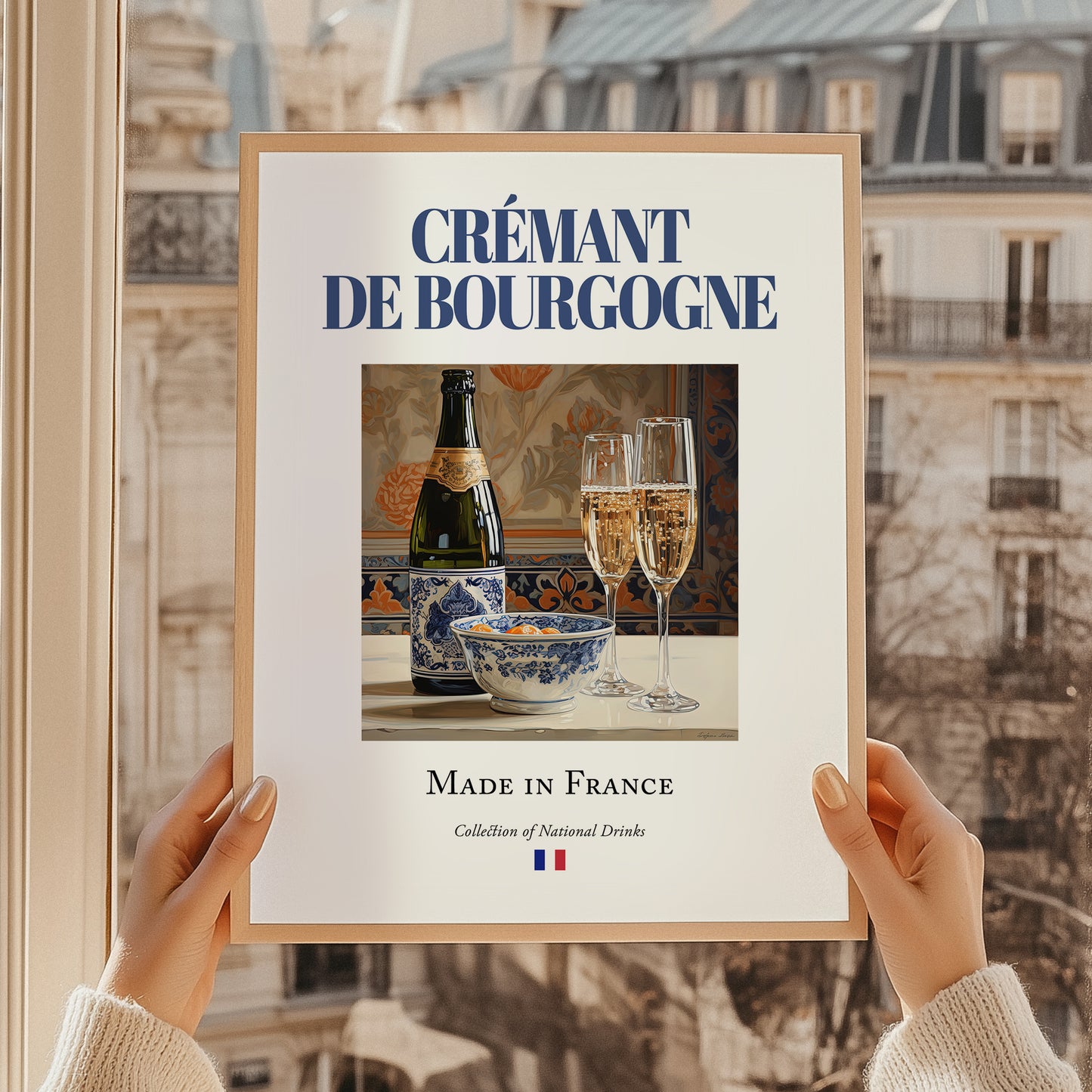 Crémant de Bourgogne – French Sparkling Wine, Wine Bar Poster, styled in a charming Paris street view