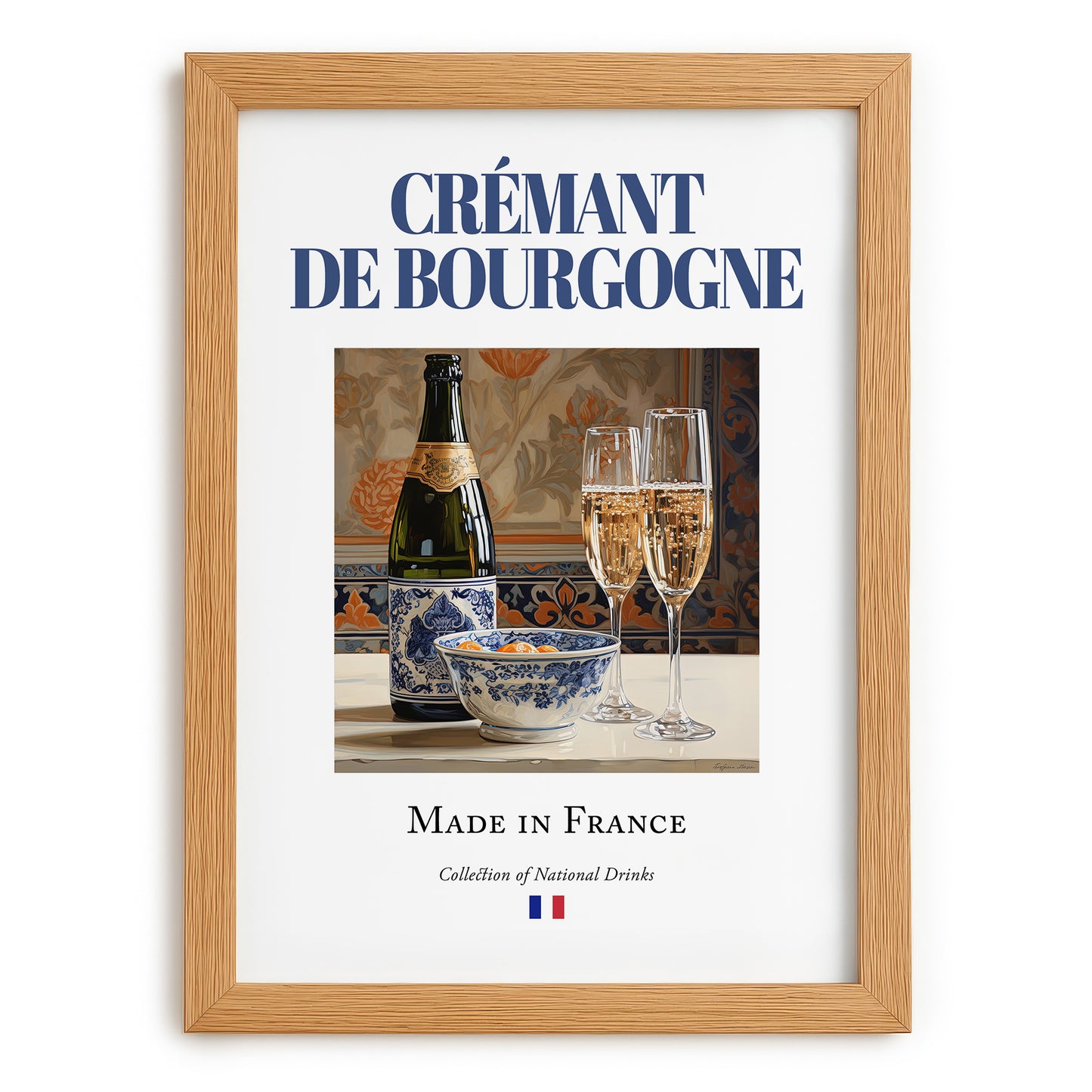 Crémant de Bourgogne – French Sparkling Wine, Wine Bar Poster, set in oak frame