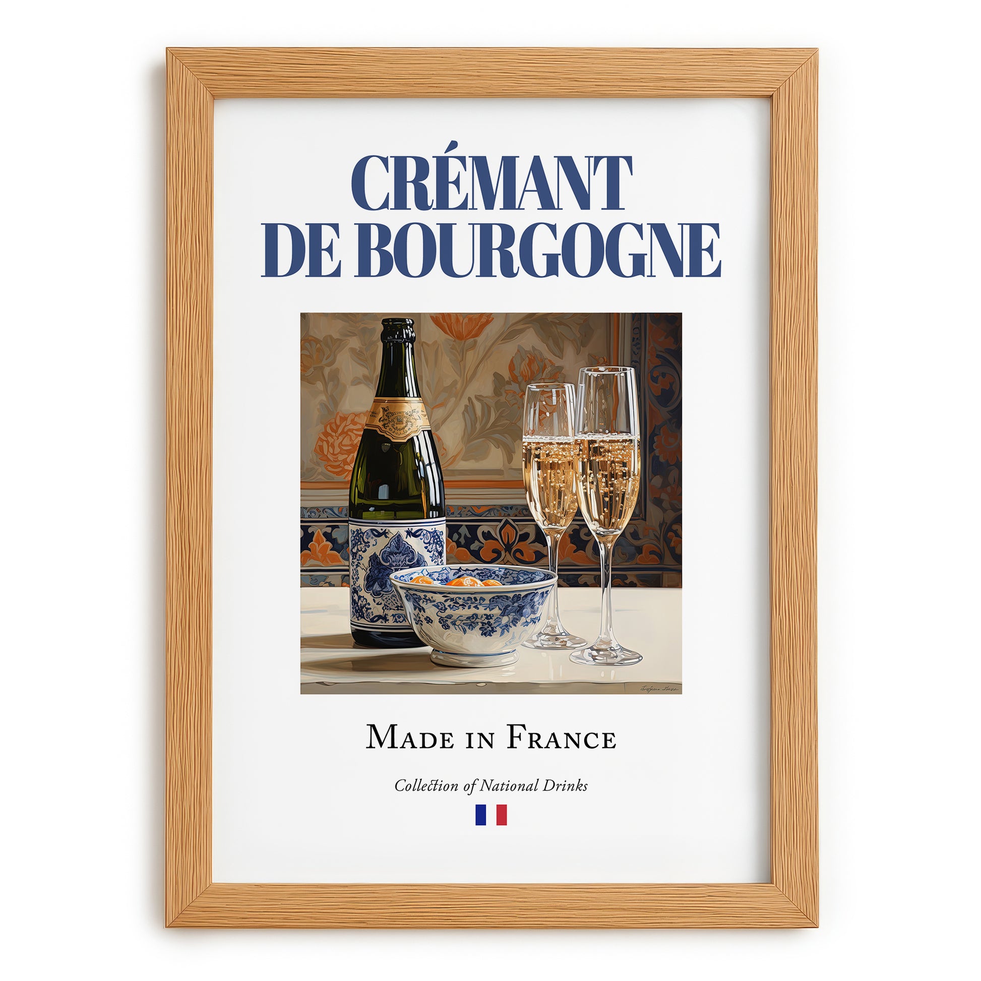 Crémant de Bourgogne – French Sparkling Wine, Wine Bar Poster, set in oak frame