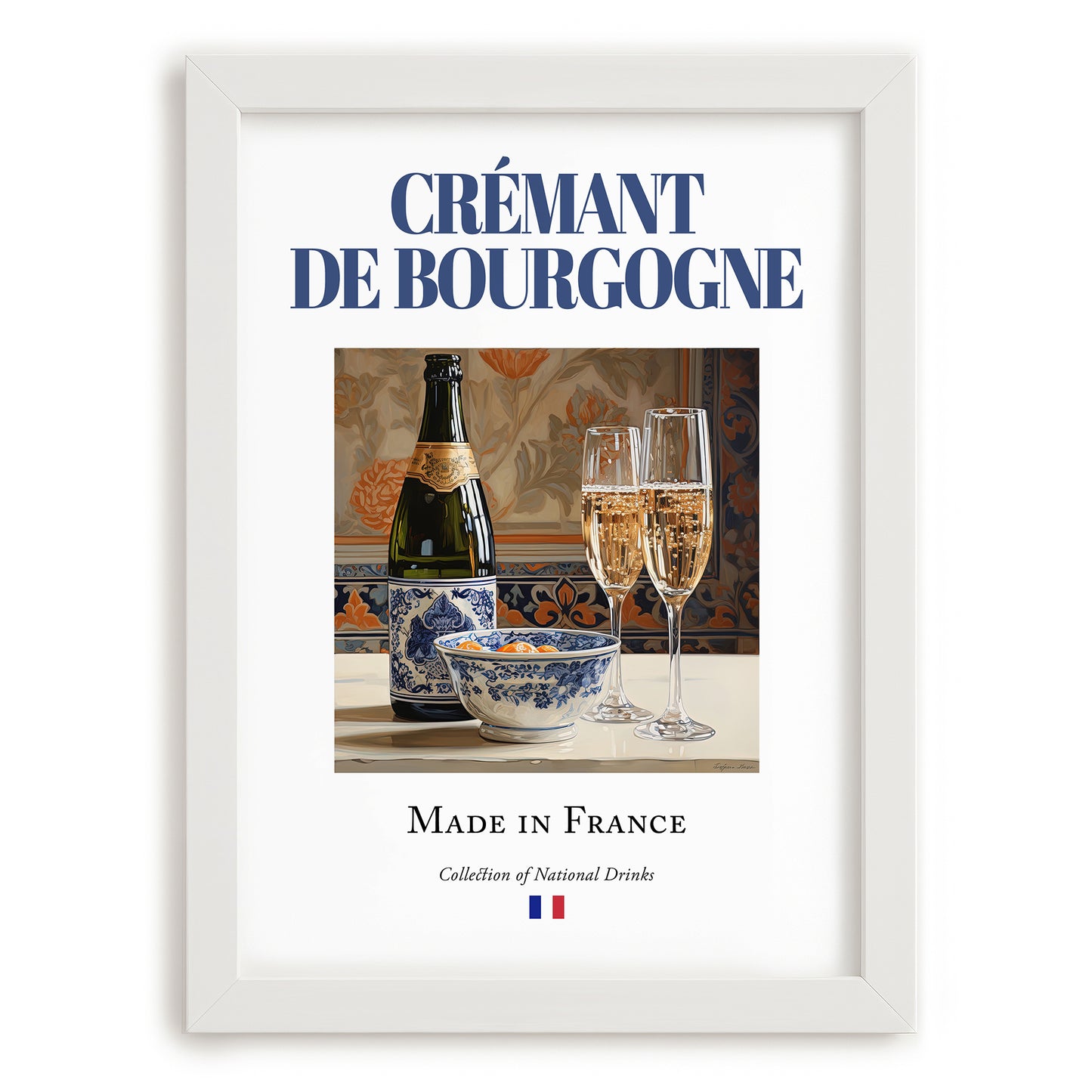 Crémant de Bourgogne – French Sparkling Wine, Wine Bar Poster, placed in minimal white frame