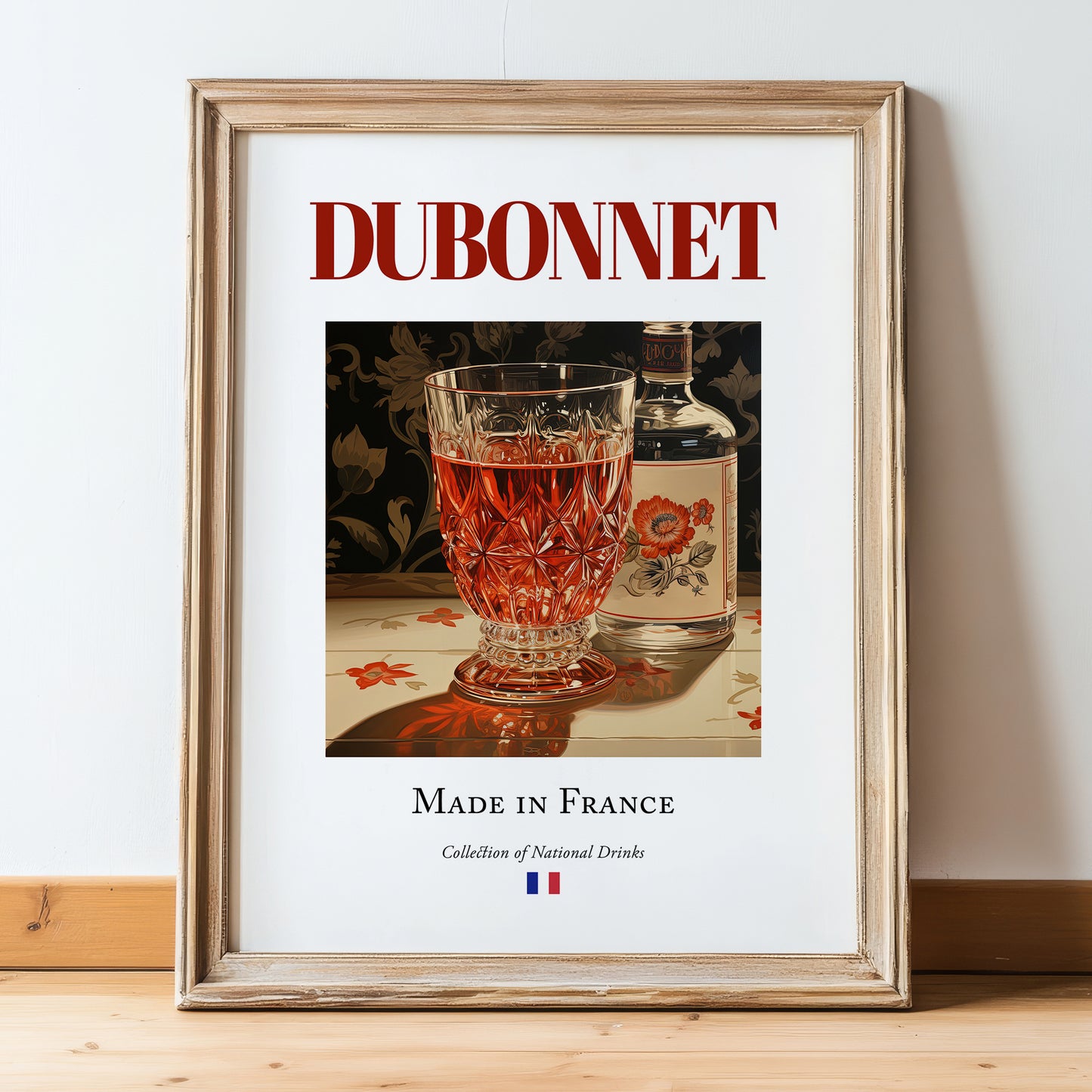 Dubonnet – French Liqueur Drink, Cocktail Lounge Poster, in wooden frame leaning on the floor