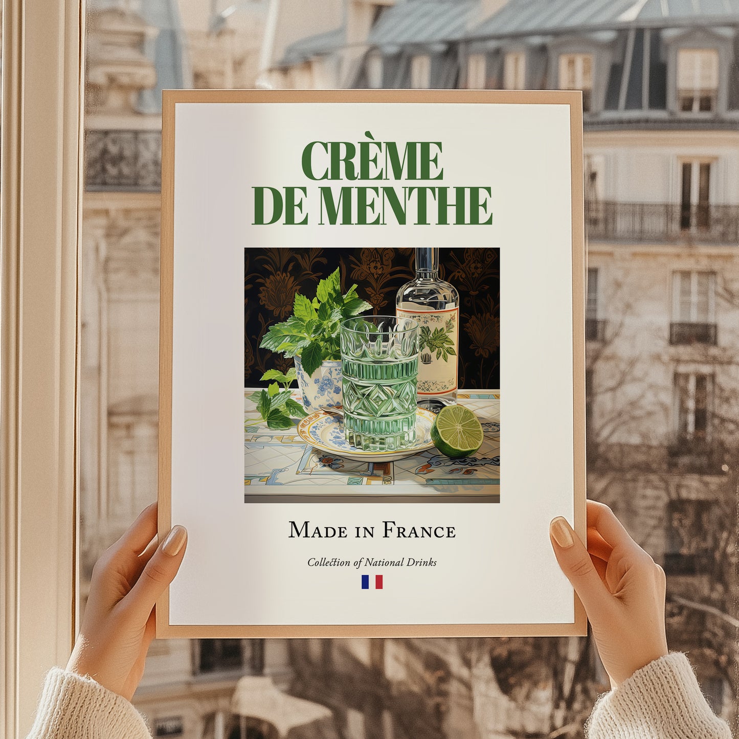 Crème de menthe – French Liqueur Drink, Cocktail Lounge Painting, styled in a charming Paris street view