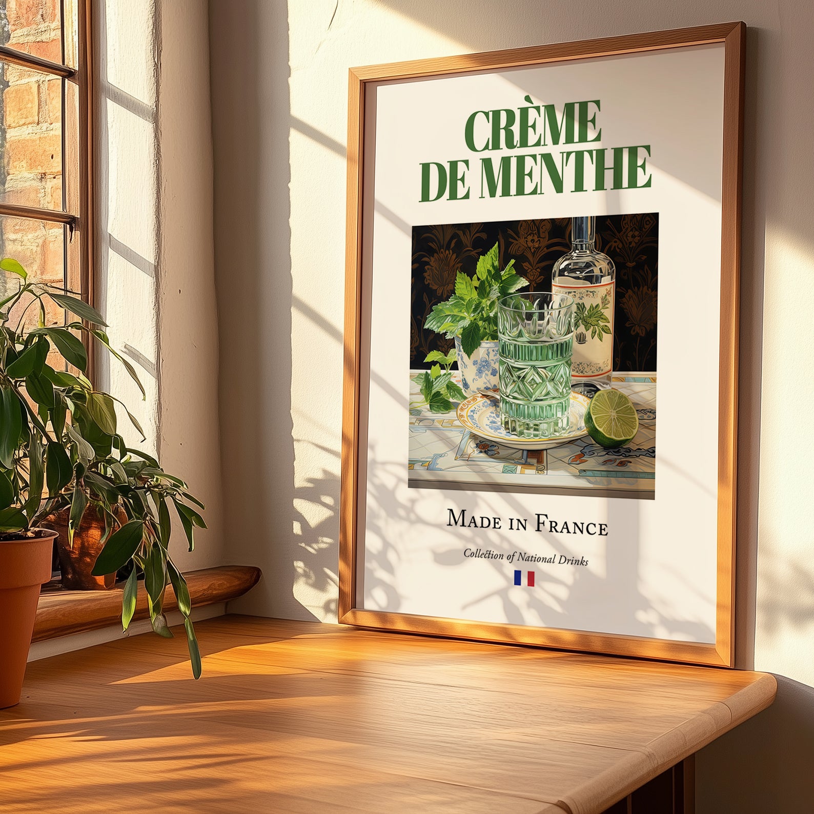 Crème de menthe – French Liqueur Drink, Cocktail Lounge Painting, no-text version framed in wood