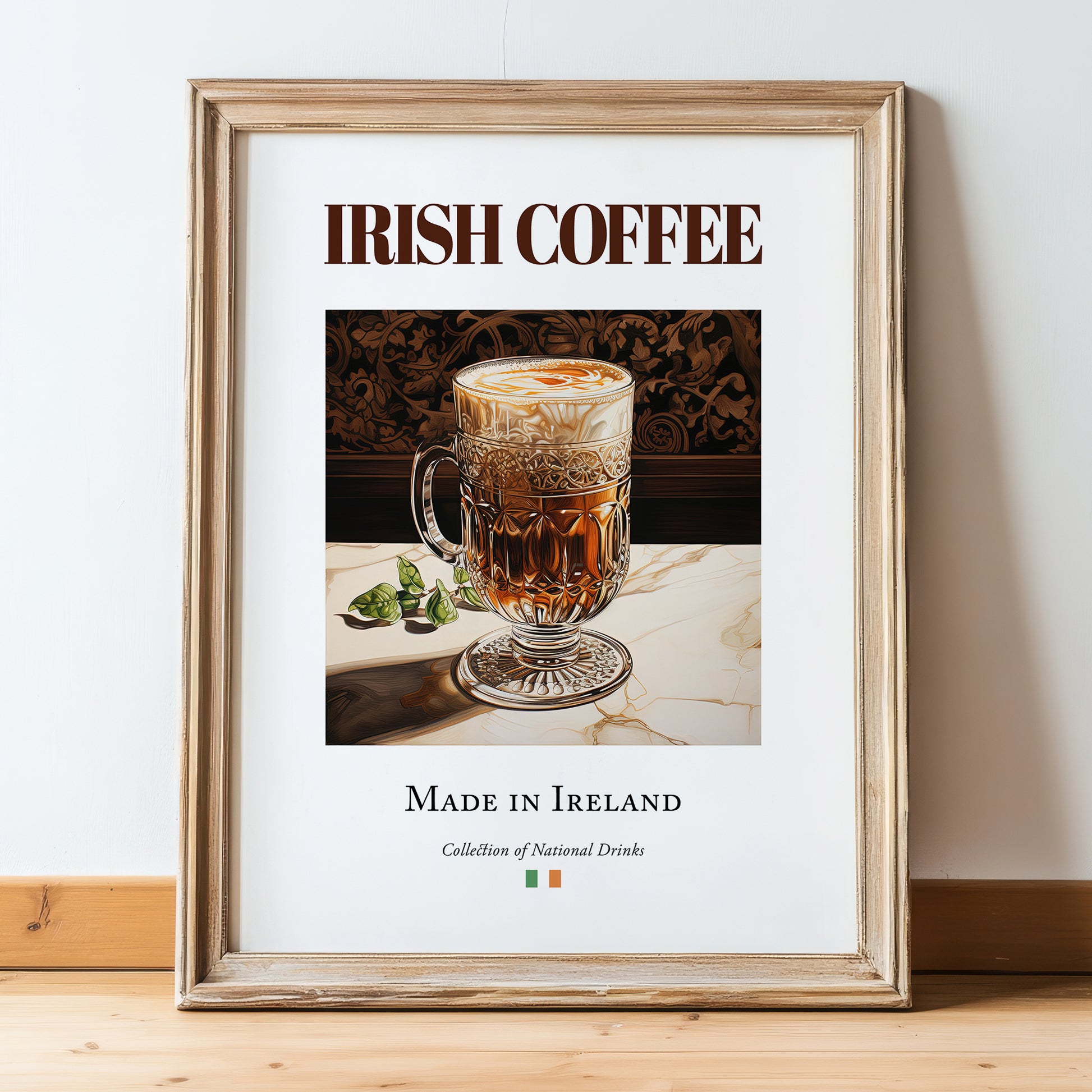 Irish Coffee – Irish Coffee, Street Café Art, in wooden frame leaning on the floor