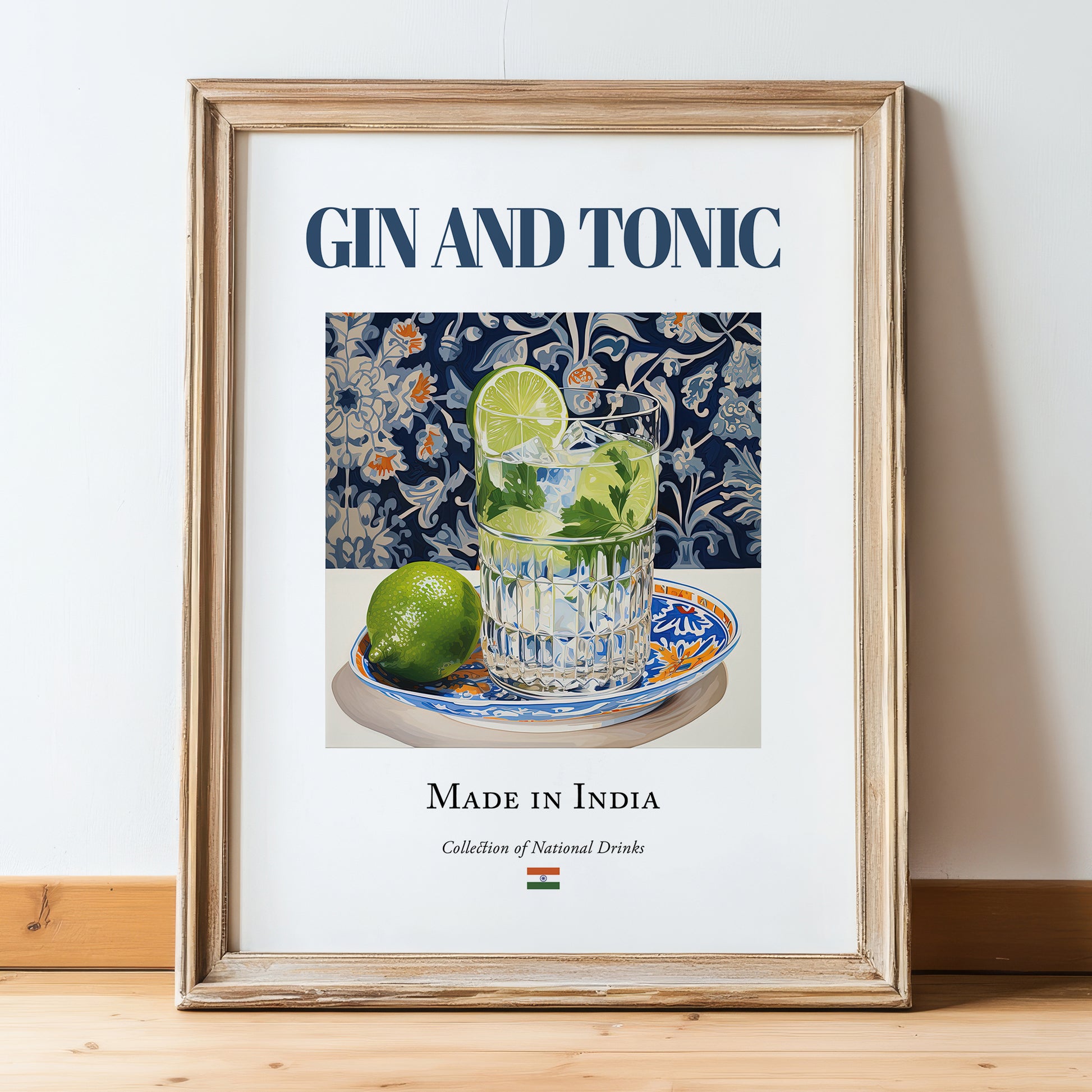 Gin and Tonic – Indian Cocktail Drink, Beach Bar Still Life, in wooden frame leaning on the floor