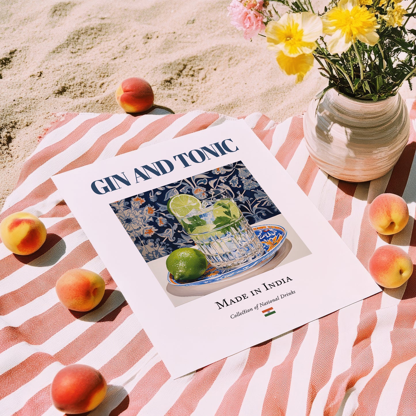 Gin and Tonic – Indian Cocktail Drink, Beach Bar Still Life, unframed on coastal sand