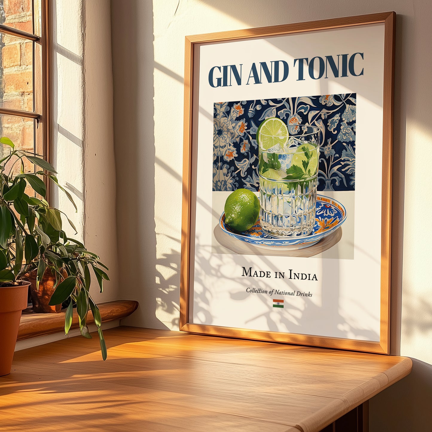 Gin and Tonic – Indian Cocktail Drink, Beach Bar Still Life, no-text version framed in wood