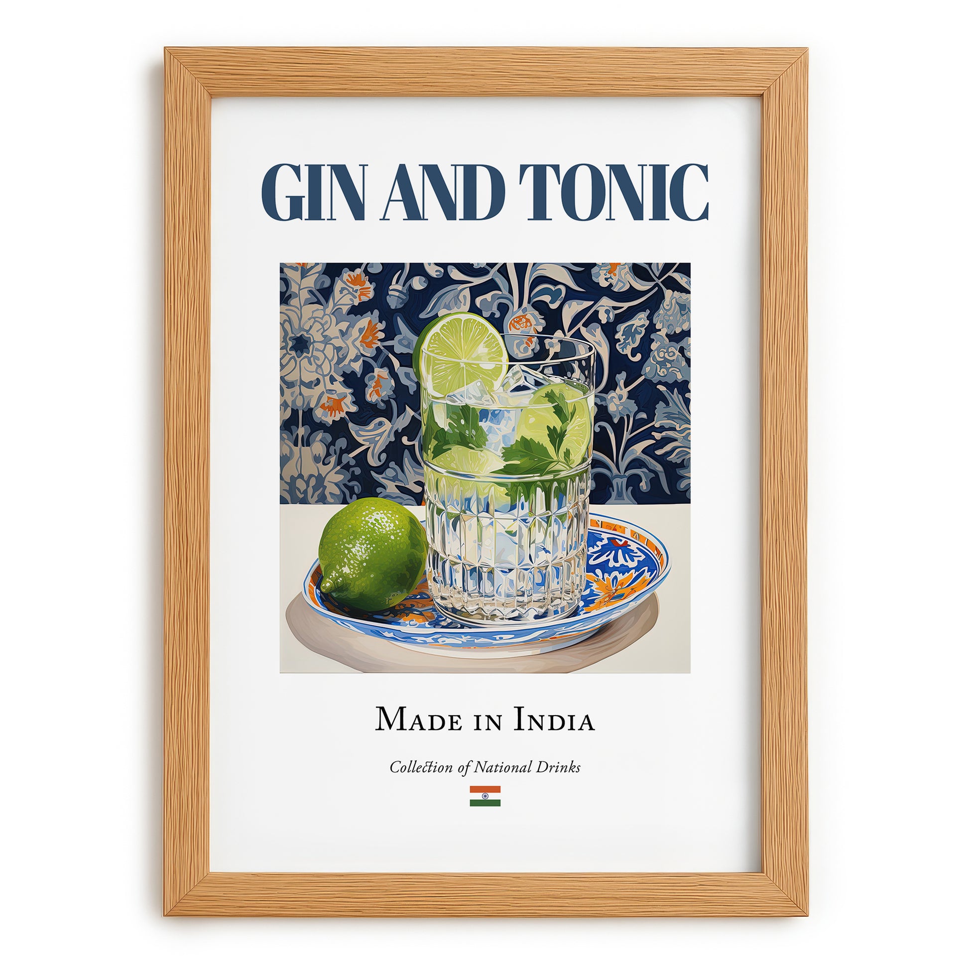 Gin and Tonic – Indian Cocktail Drink, Beach Bar Still Life, set in oak frame