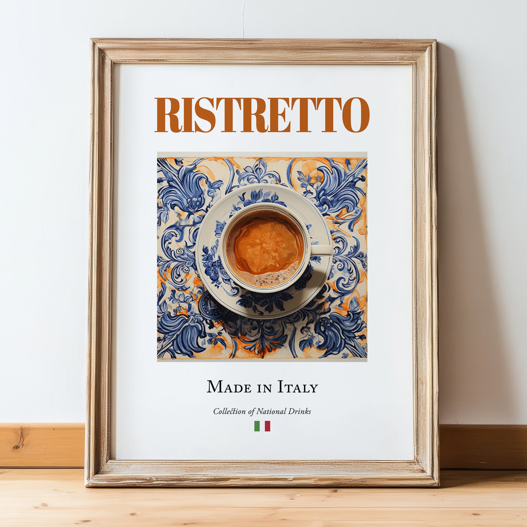 Ristretto – Italian Coffee, Street Café Illustration, in wooden frame leaning on the floor