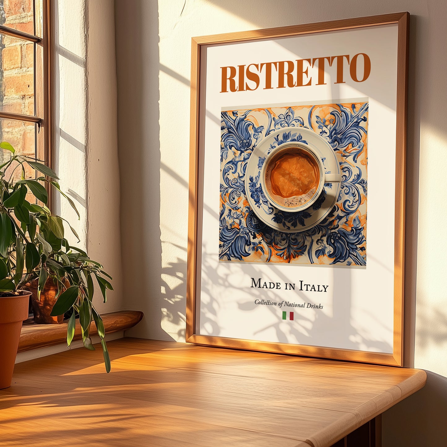 Ristretto – Italian Coffee, Street Café Illustration, no-text version framed in wood