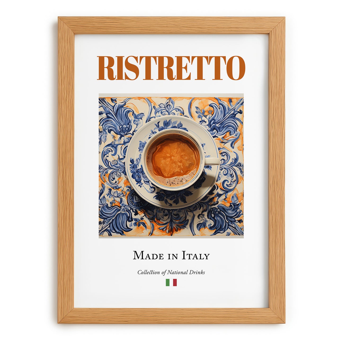 Ristretto – Italian Coffee, Street Café Illustration, set in oak frame