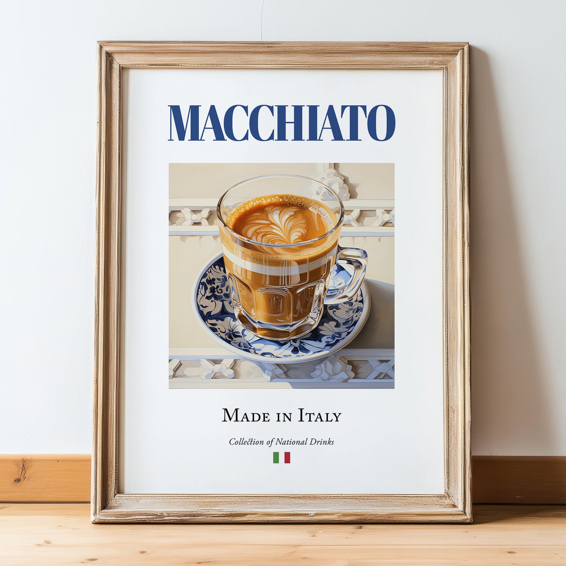 Macchiato – Italian Coffee, Book Café Wall Decor, in wooden frame leaning on the floor