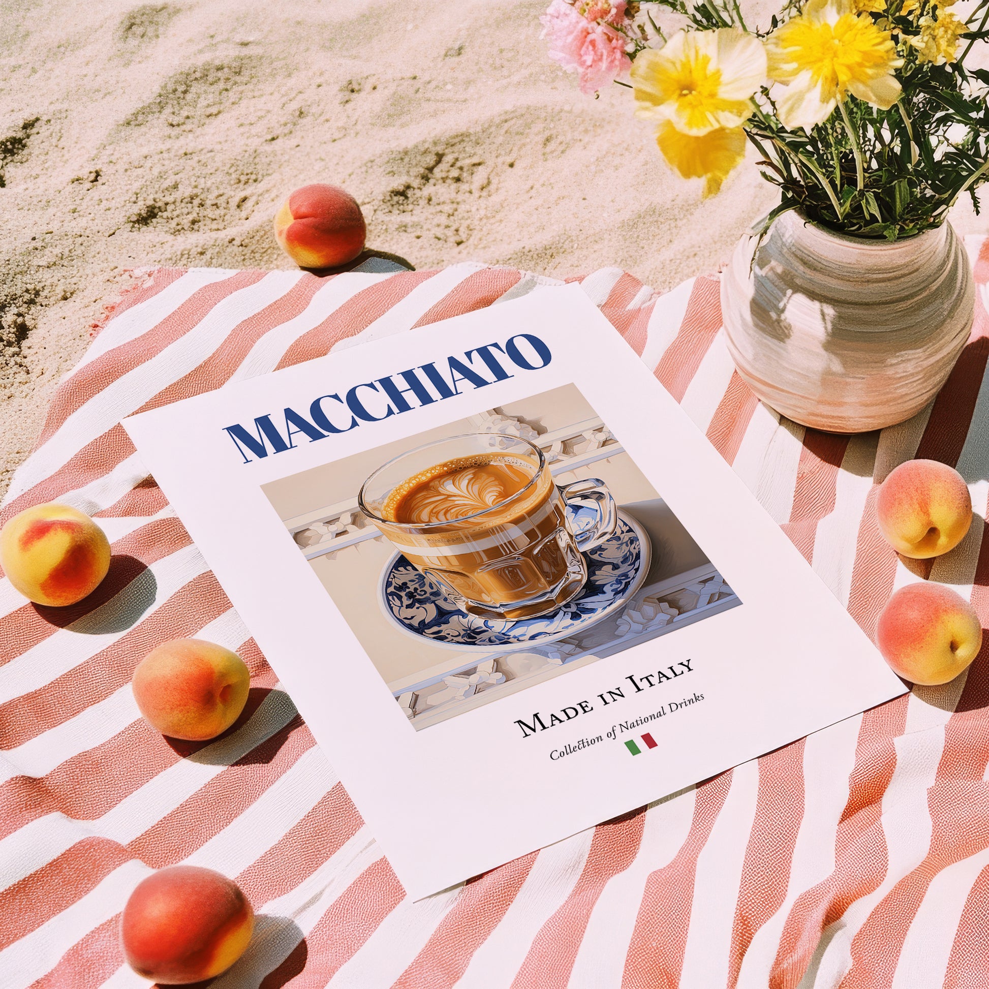 Macchiato – Italian Coffee, Book Café Wall Decor, unframed on coastal sand