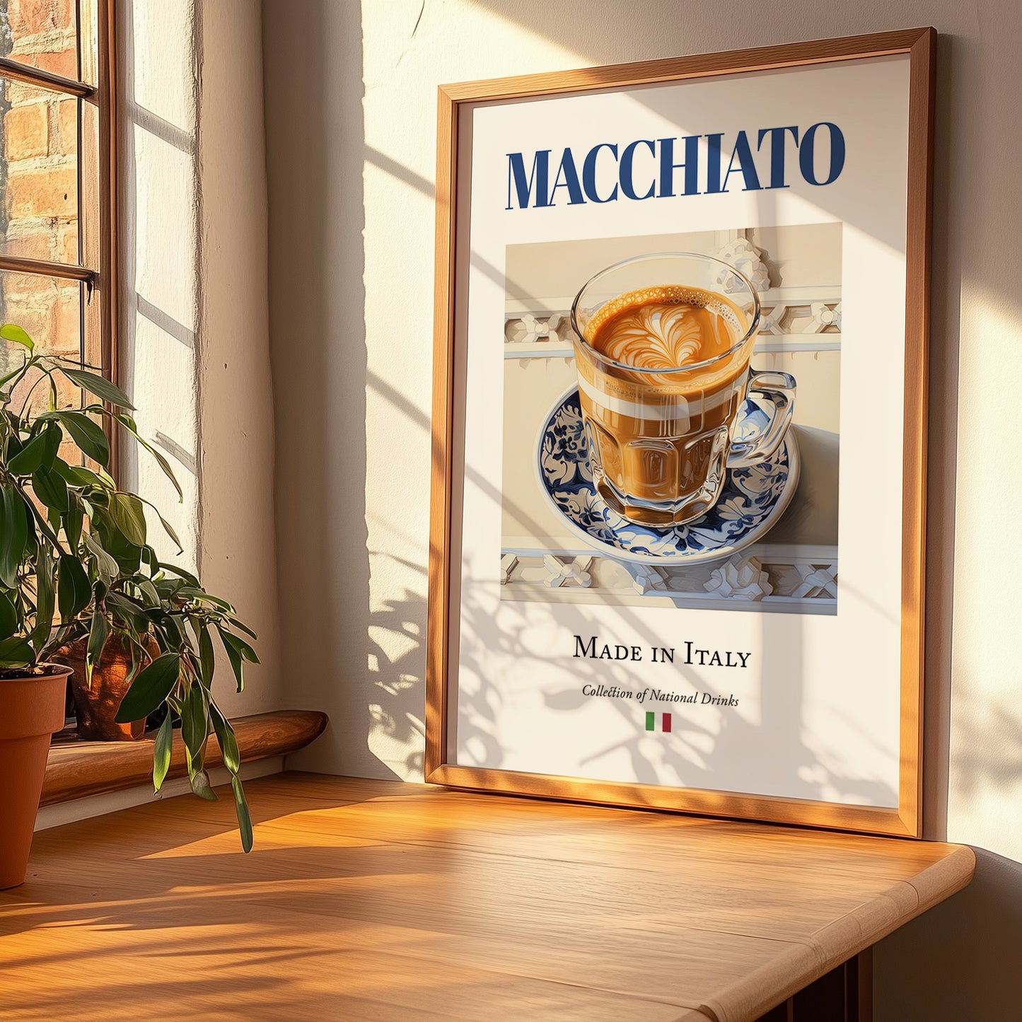 Macchiato – Italian Coffee, Book Café Wall Decor, no-text version framed in wood